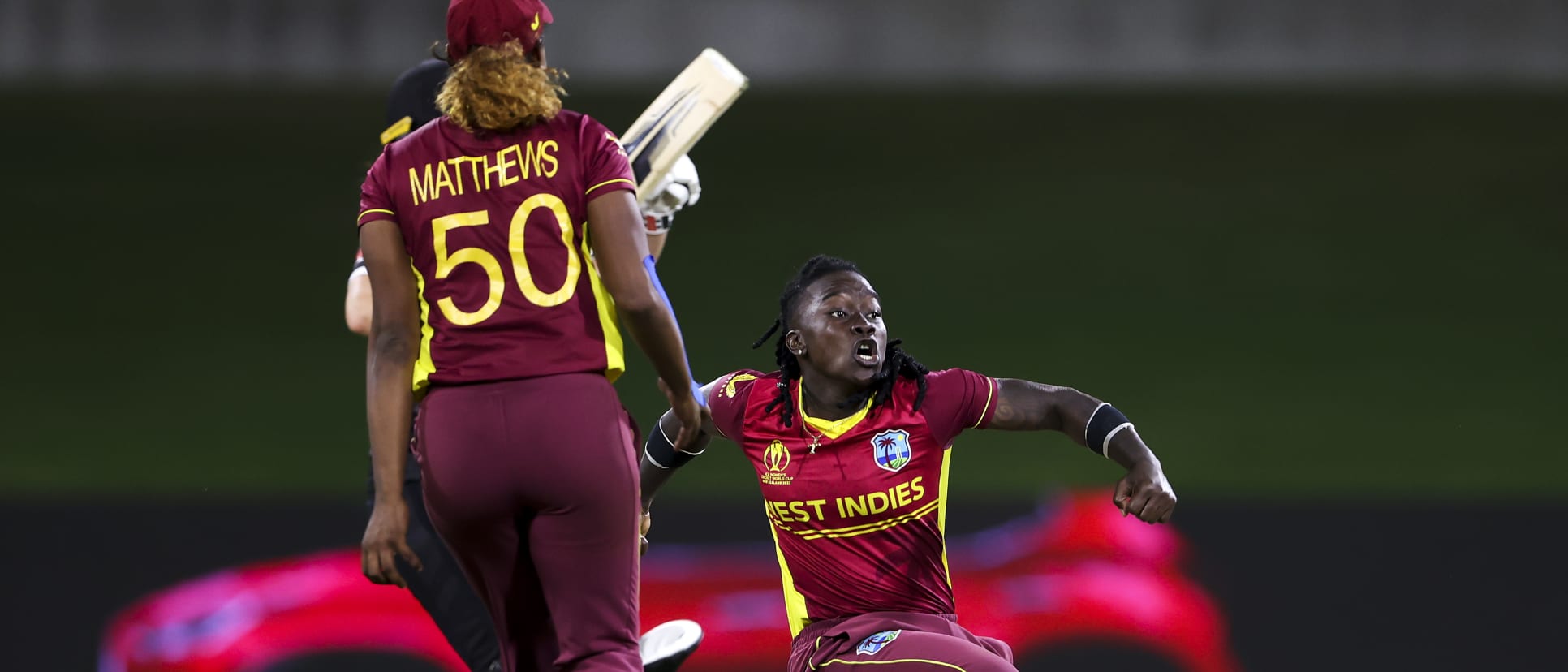 Deandra Dottin of the West Indies celebrates after taking the wicket of Katey Martin of New Zealand during the 2022 ICC Women's Cricket World Cup match between New Zealand and the West Indies at Bay Oval on March 04, 2022 in Tauranga, New Zealand.