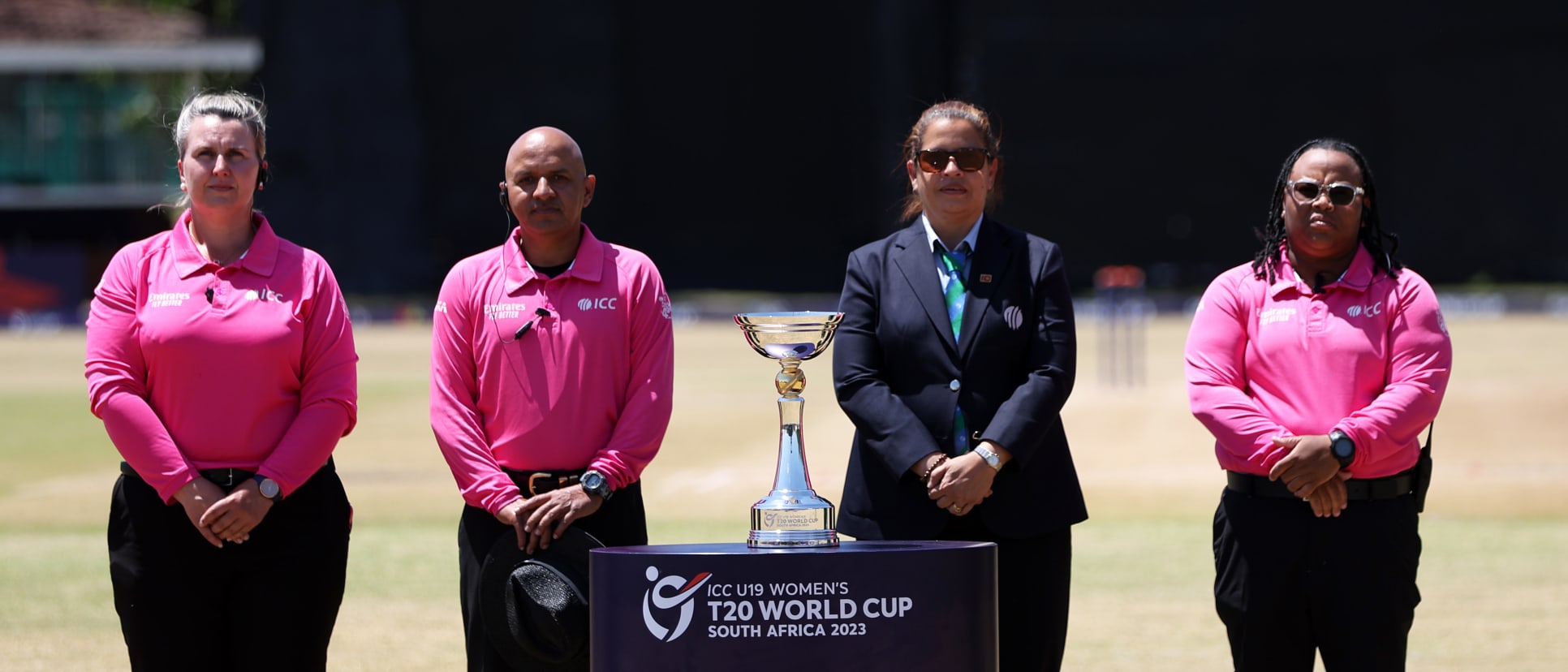 The Match Officials line up for the National Anthems ahead of the ICC Women's U19 T20 World Cup 2023 Super 6 match between Pakistan and Ireland at North-West University Oval on January 23, 2023 in Potchefstroom, South Africa.