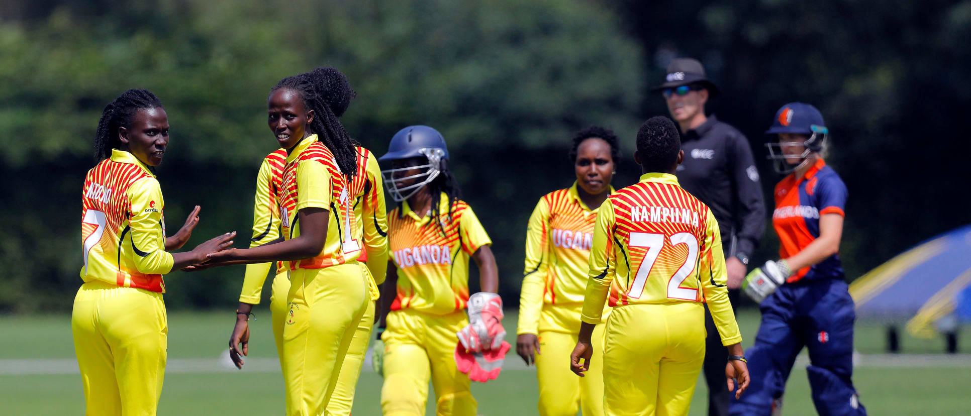 Ugandan players celebrate the dismissal of Netherland Batsman Kallis, 1st Play-off Semi-Final, ICC Women's World Twenty20 Qualifier at Utrecht, Jul 12th 2018.