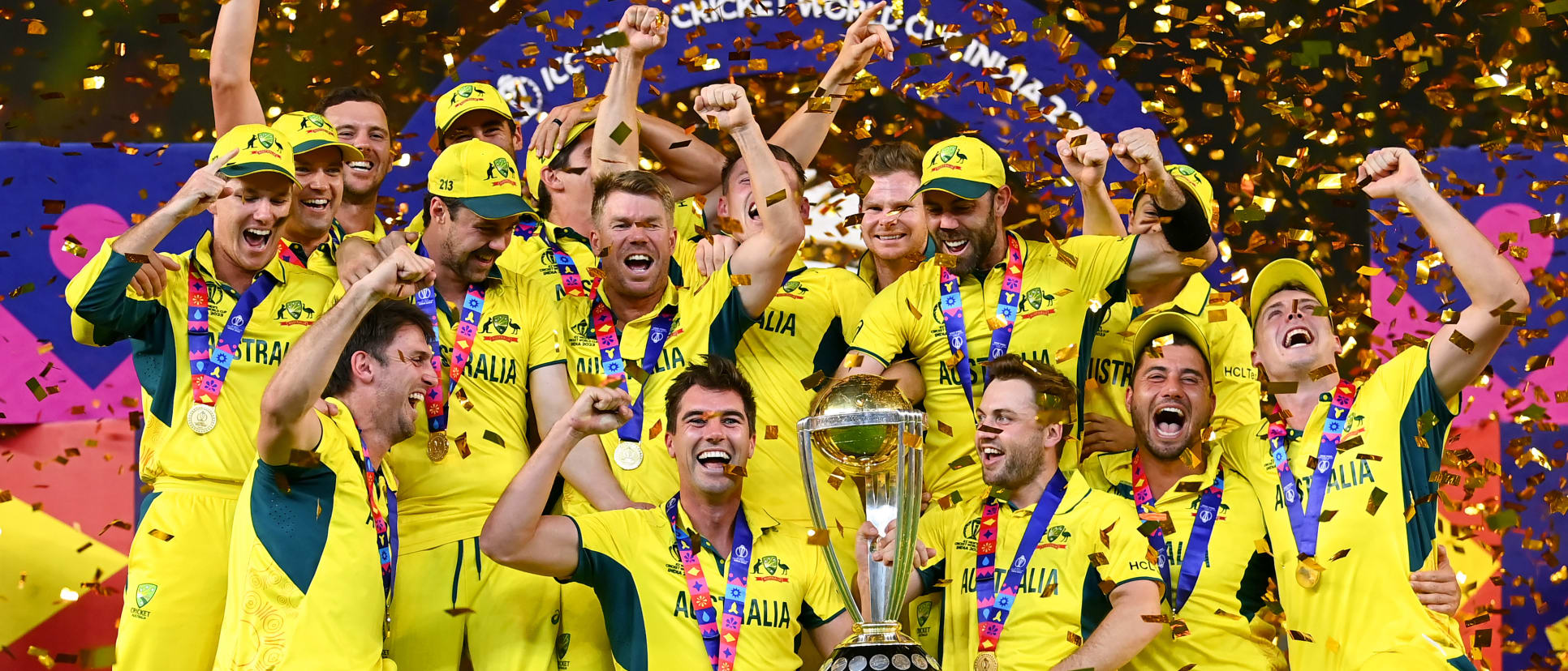 Pat Cummins of Australia lifts the ICC Men's Cricket World Cup Trophy following the ICC Men's Cricket World Cup India 2023 Final between India and Australia at Narendra Modi Stadium on November 19, 2023 in Ahmedabad, India.
