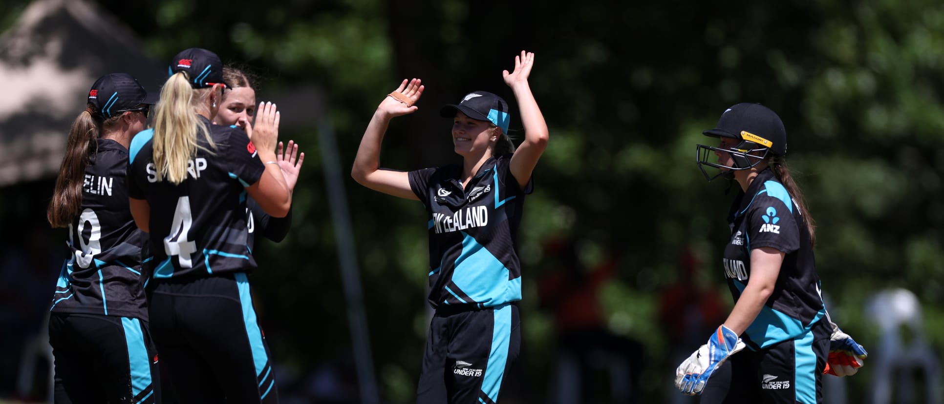 Emma McLeod of New Zealand celebrates the wicket of Thersiana Penu Weo of Indonesia with team mate Tash Wakelin during the ICC Women's U19 T20 World Cup 2023 match between New Zealand and Indonesia.