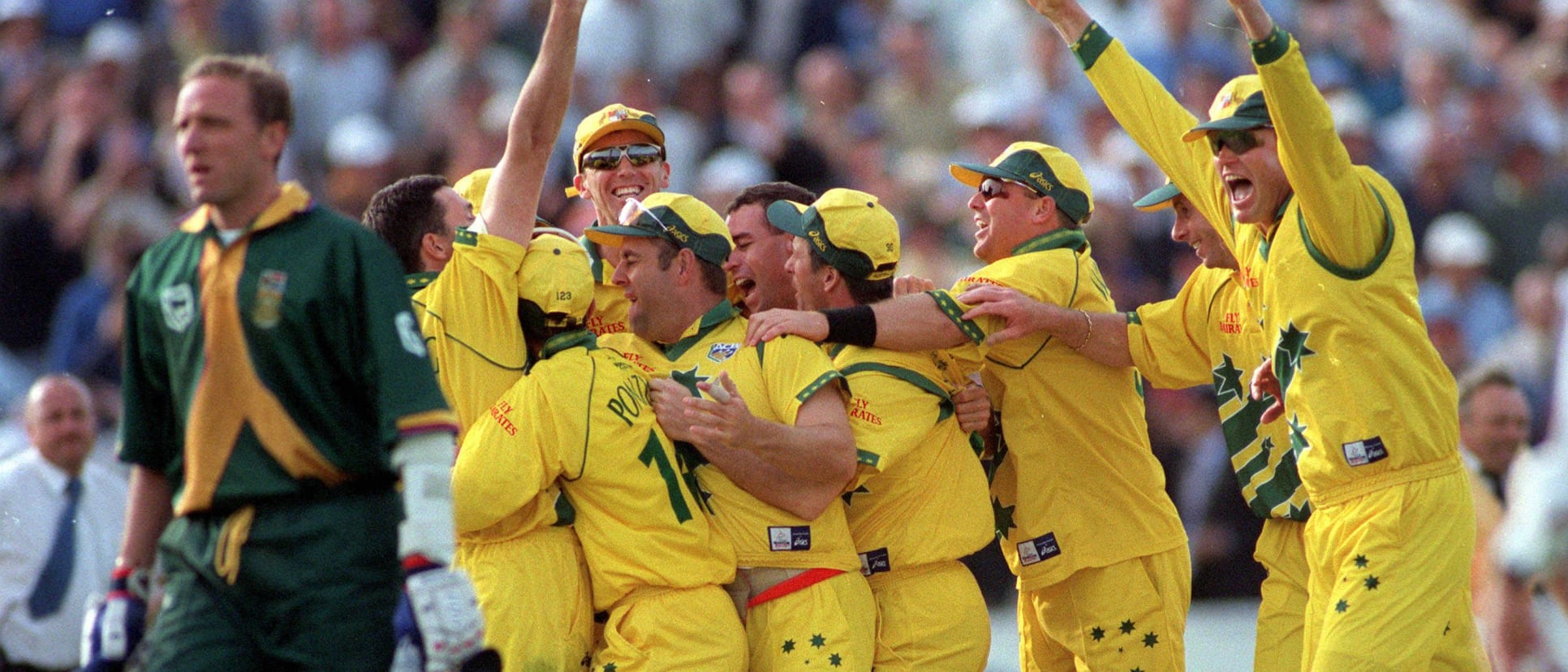 The Australians celebrate after Allan Donald is run out