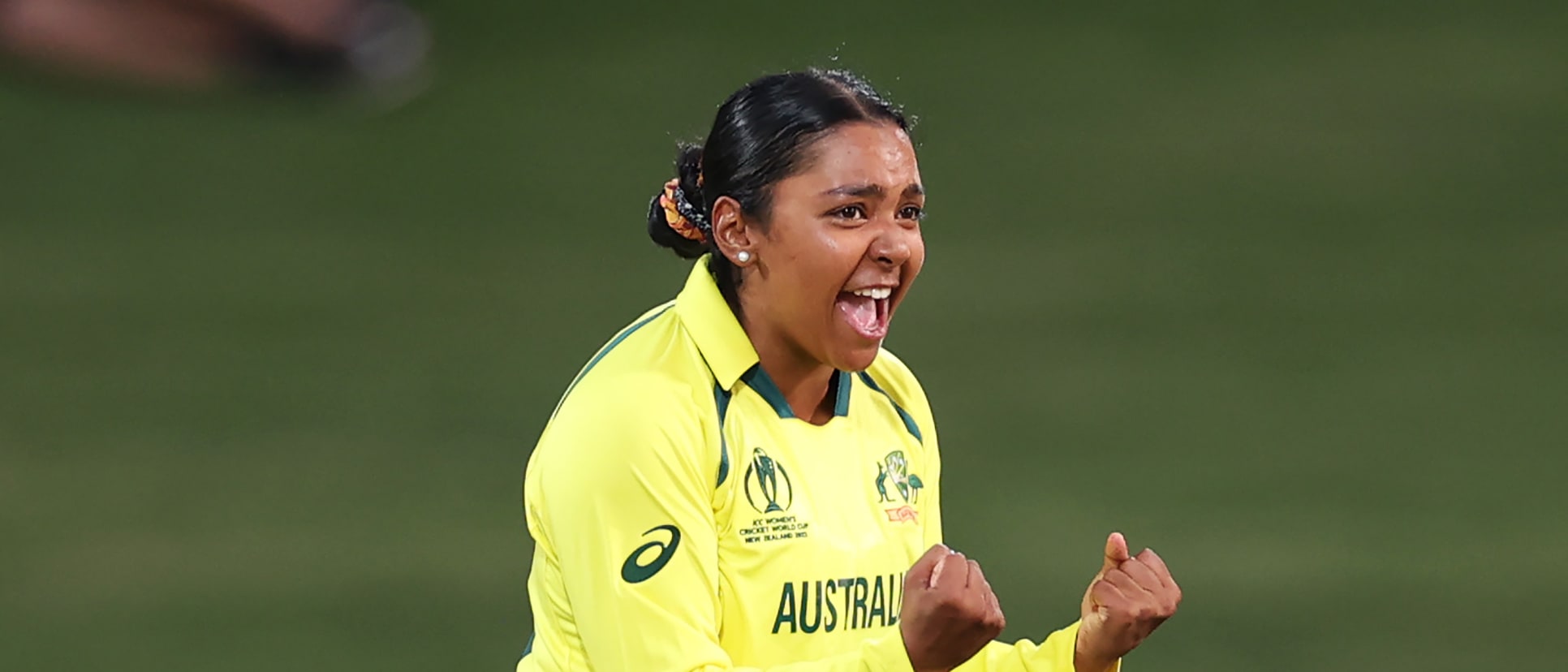 Alana King of Australia celebrates after dismissing Tammy Beaumont of England during the 2022 ICC Women's Cricket World Cup match between Australia and England at Seddon Park on March 05, 2022 in Hamilton, New Zealand.