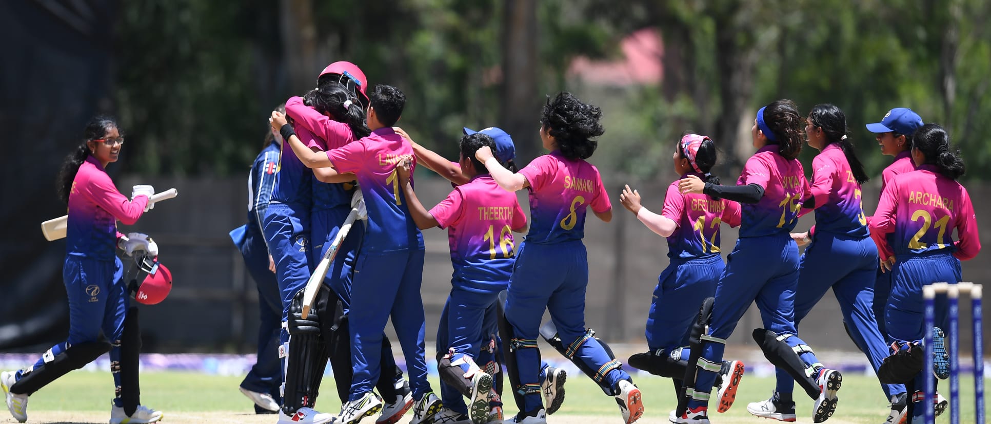 Players of UAE celebrate following the ICC Women's U19 T20 World Cup 2023 match between UAE and Scotland at Willowmoore Park B Field on January 14, 2023 in Benoni, South Africa.