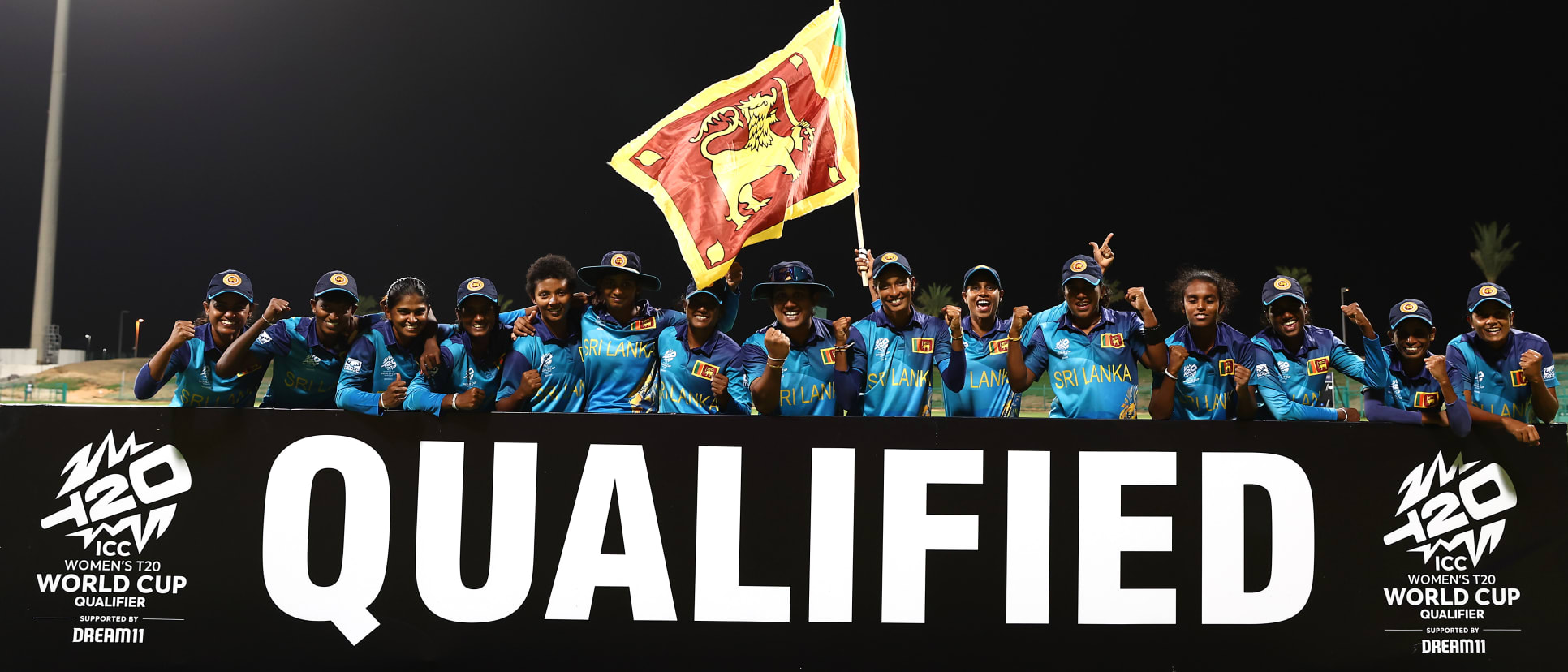 Players of Sri Lanka celebrate victory and qualification following the ICC Women's T20 World Cup Qualifier 2024 Semi-Final match between United Arab Emirates and Sri Lanka at Zayed Cricket Stadium on May 05, 2024 in Abu Dhabi, United Arab Emirates.