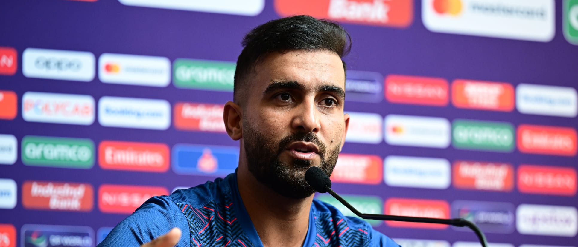 Hashmatullah Shahidi of Afghanistan speaks during a press conference prior to a India & Afghanistan Net Sessions on October 10, 2023 in Delhi, India.