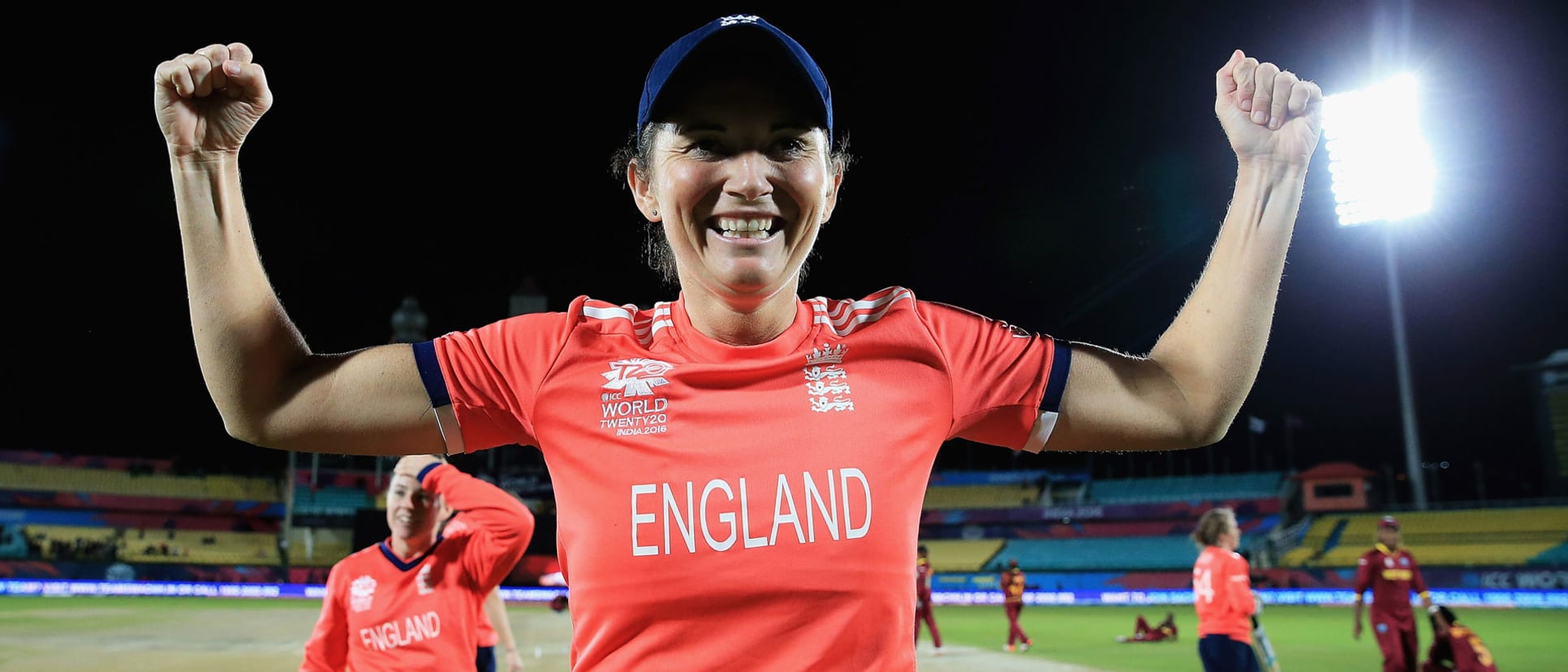 Edwards celebrates an England victory at the 2016 Women's T20 World Cup