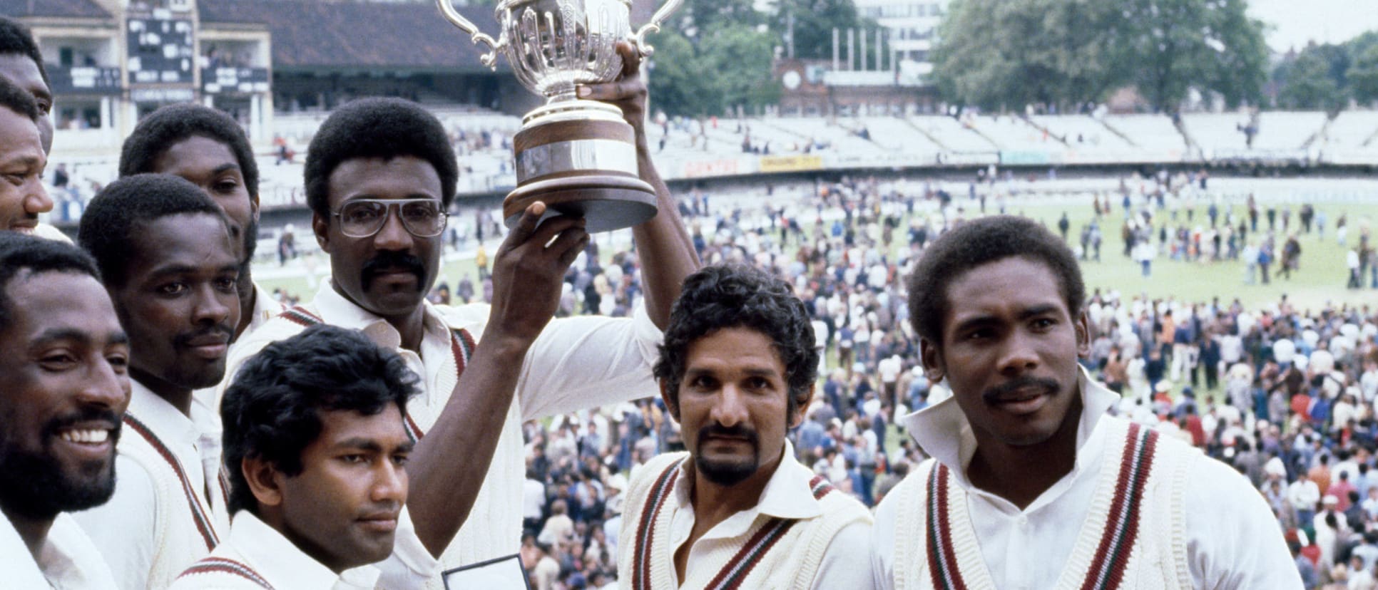 Clive Lloyd (with trophy) pictured alongside his West Indies teammates after the World Cup Final in 1979 // Getty Images