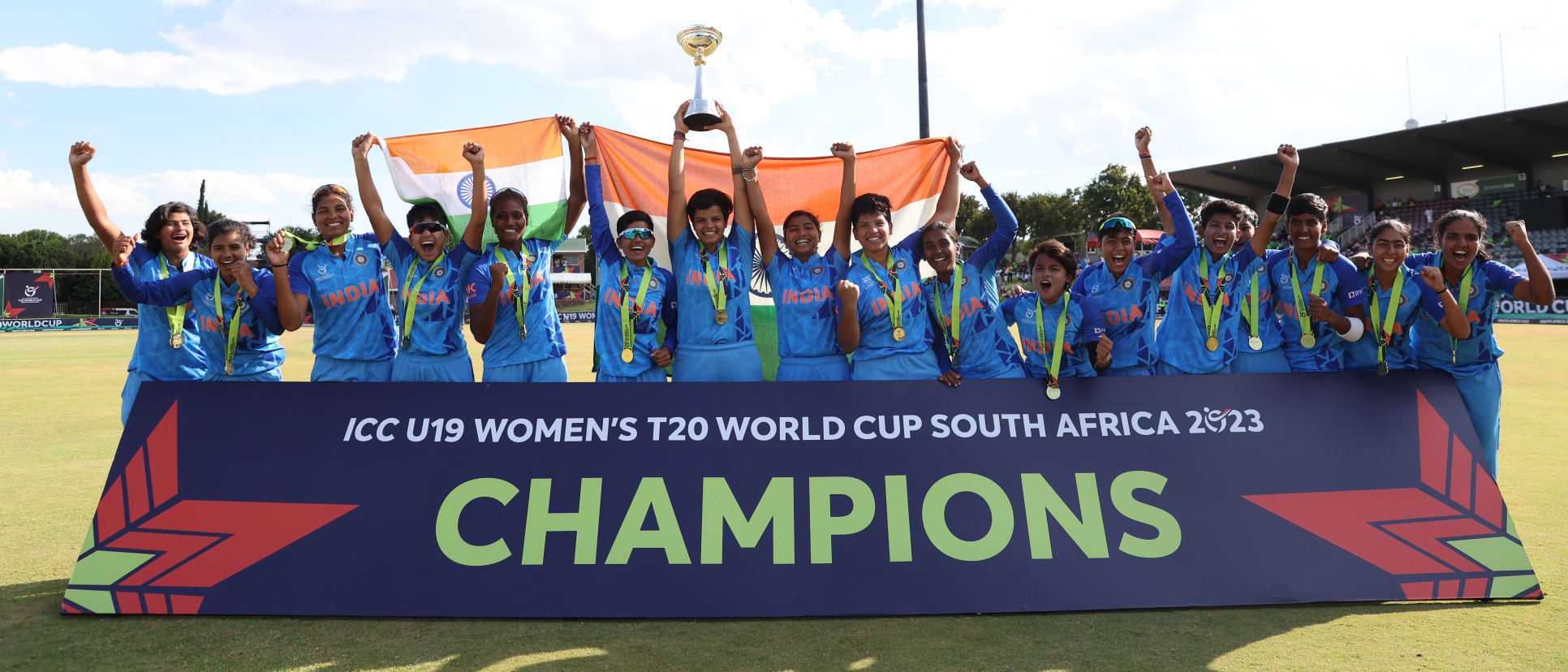 Shafali Verma of India lifts the ICC Women's U19 T20 World Cup Trophy following the ICC Women's U19 T20 World Cup 2023 Final match between India and England at JB Marks Oval on January 29, 2023 in Potchefstroom, South Africa.