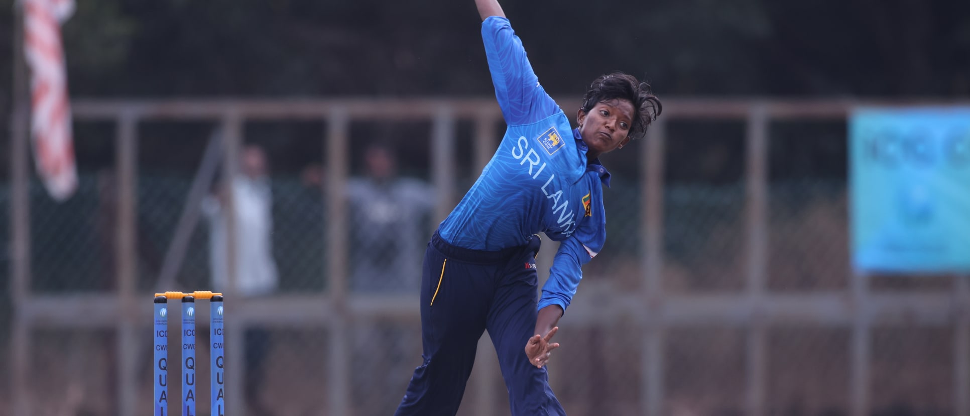 Kavisha Dilhari of Sri Lanka bowls against Scotland during the Women's T20 CWG Qualifier 2022