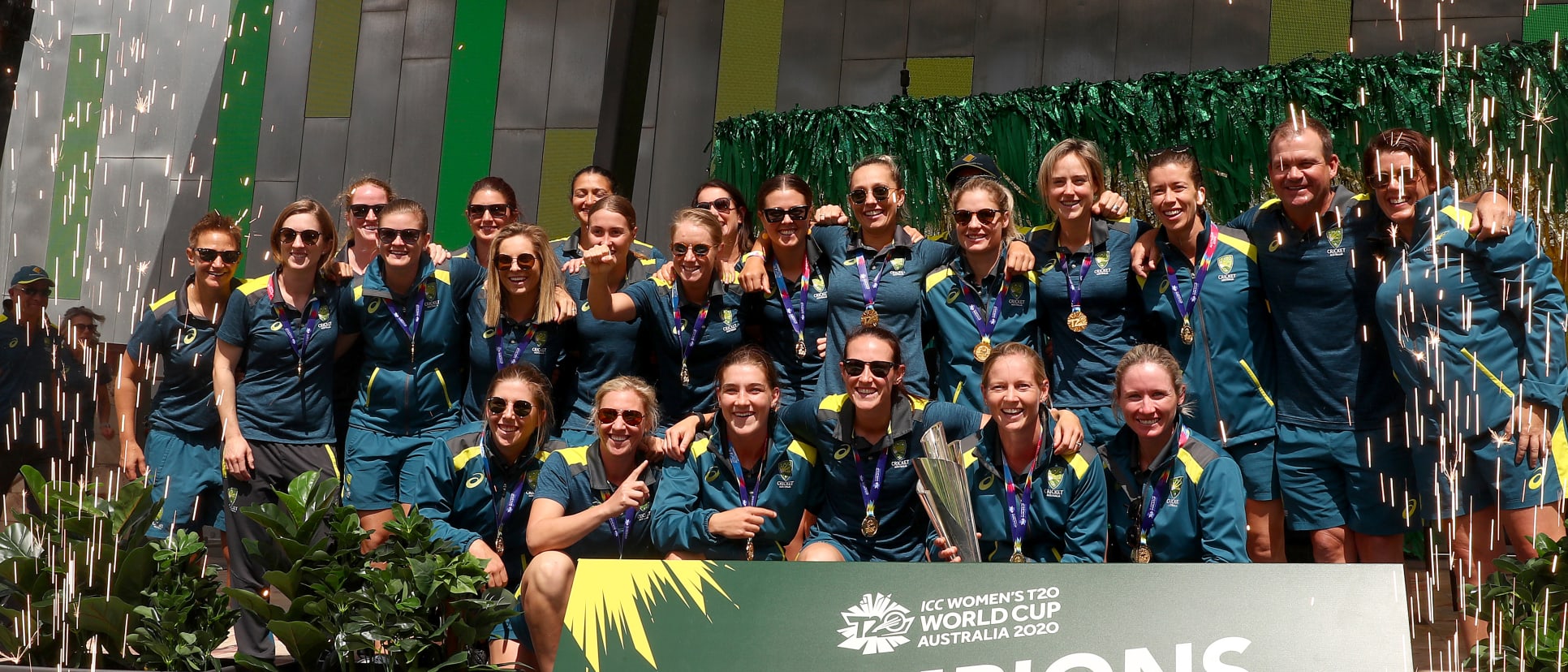 The Australian Women's T20 World Cup team celebrate after winning the ICC Women's T20 World Cup Final, at Federation Square on March 09, 2020 in Melbourne, Australia.