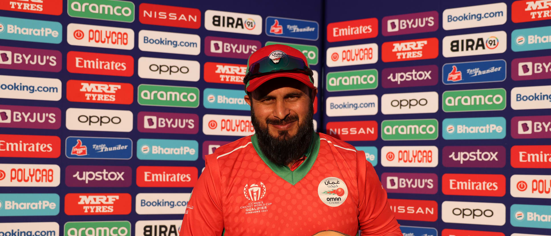 Zeeshan Maqsood of Oman poses after being named Player of the Match following the ICC Men's Cricket World Cup Qualifier Zimbabwe 2023 match between Ireland and Oman at Bulawayo Athletic Club on June 19, 2023 in Bulawayo, Zimbabwe.