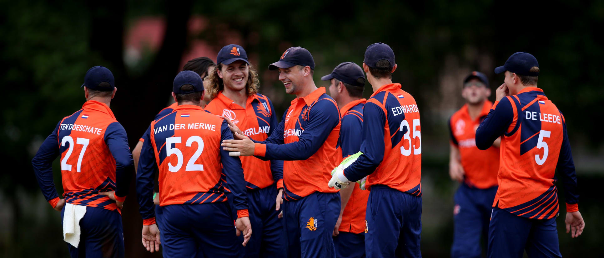 Netherlands players celebrate the wicket of Inhsanullah of Afghanistan during The ICC Cricket World Cup Qualifier Trophy Warm Up match between Afghanistan and The Netherlands at The Old Hararians Sports Club on March 1, 2018.