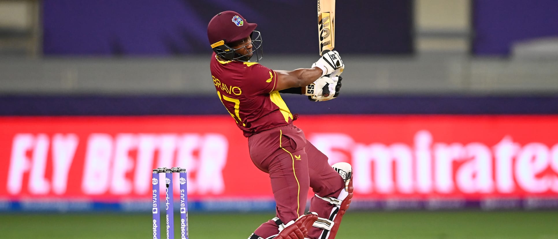 Dwayne Bravo of West Indies during the ICC Men's T20 World Cup match between England and Windies at Dubai International Stadium on October 23, 2021 in Dubai, United Arab Emirates.