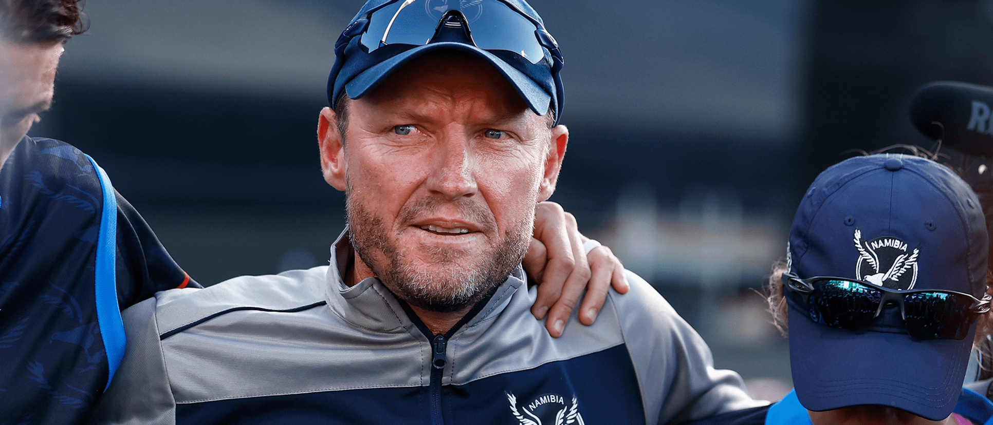 Pierre de Bruyn of Namibia speaks to his players during the ICC Men's T20 World Cup match between Sri Lanka and Namibia 1920x1080