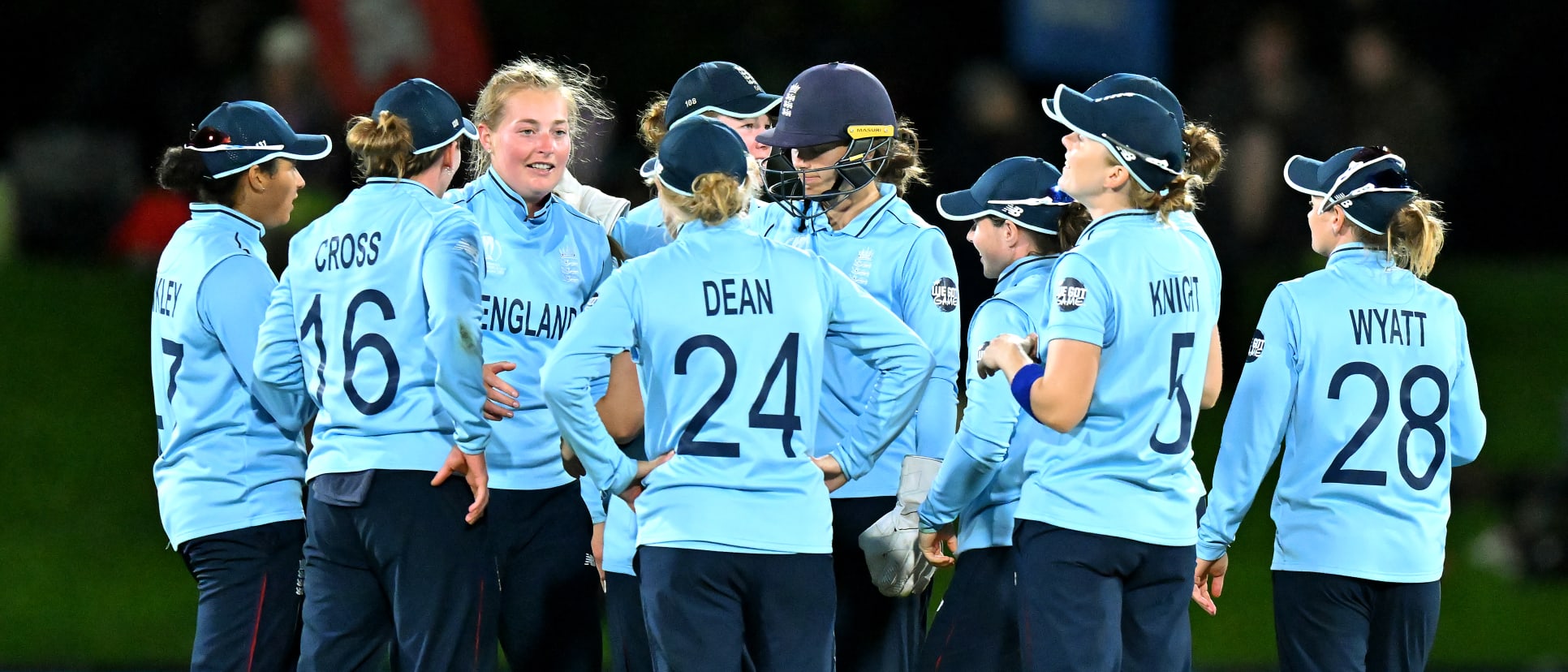 Sophie Ecclestone of England is congratulated by team mates after taking her fifth wicket during the 2022 ICC Women's Cricket World Cup Semi Final match between South Africa and England at Hagley Oval on March 31, 2022 in Christchurch, New Zealand.