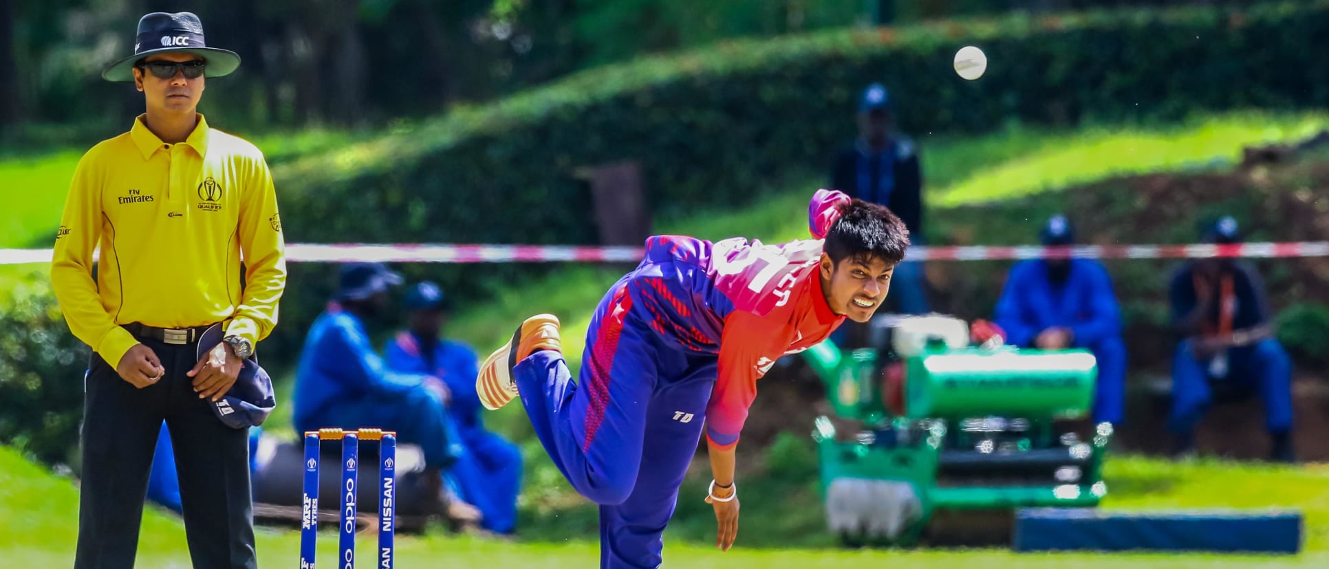 Nepal bowler Sandeep Lamichhane bowls during a World Cup Qualifier play off cricket match between Nepal and Papua New Guinea at Old Hararians Sports Club March 15 2018 (©ICC).