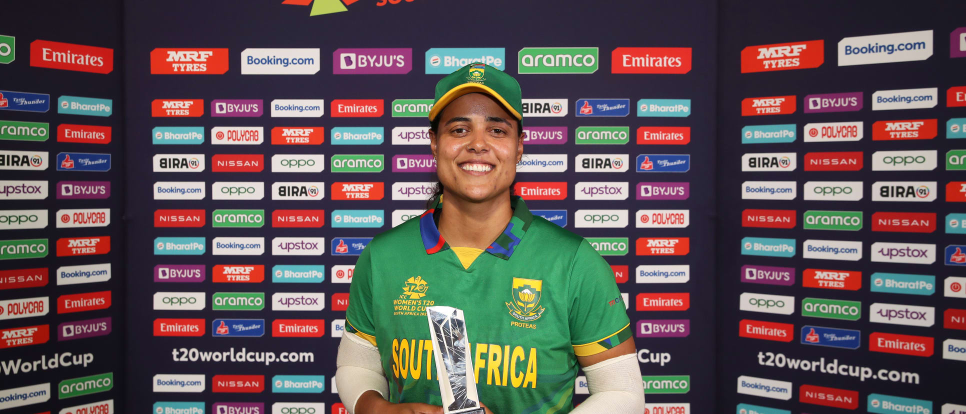 Chloe Tryon of South Africa poses after being named Player of the Match following the ICC Women's T20 World Cup group A match between South Africa and New Zealand at Boland Park on February 13, 2023 in Paarl, South Africa.