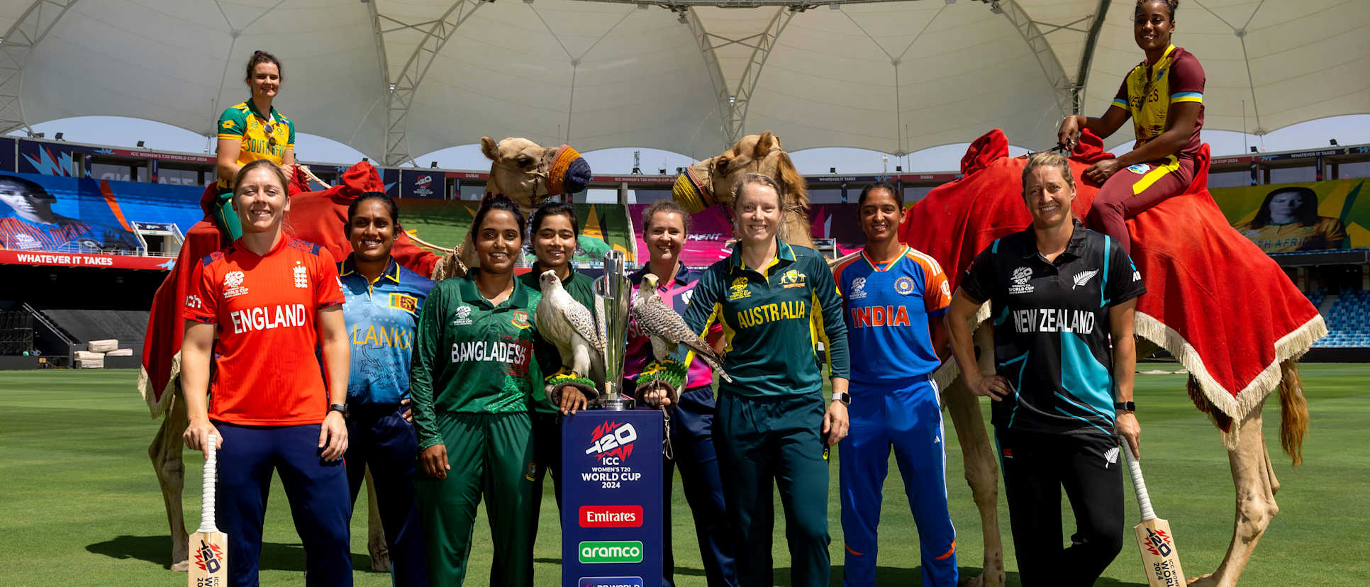 The ten Captains pose with camels and falcons to celebrate the start of ICC Women’s T20 World Cup in the UAE