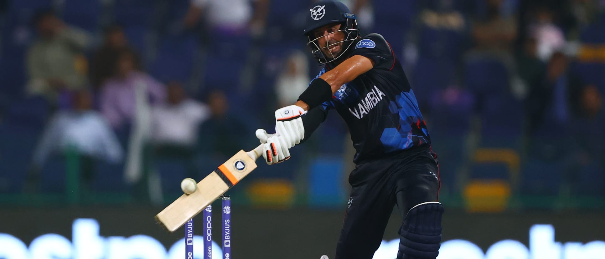 David Wiese of Namibia bats during the ICC Men's T20 World Cup match between Pakistan and Namibia at Sheikh Zayed stadium on November 02, 2021 in Abu Dhabi, United Arab Emirates.