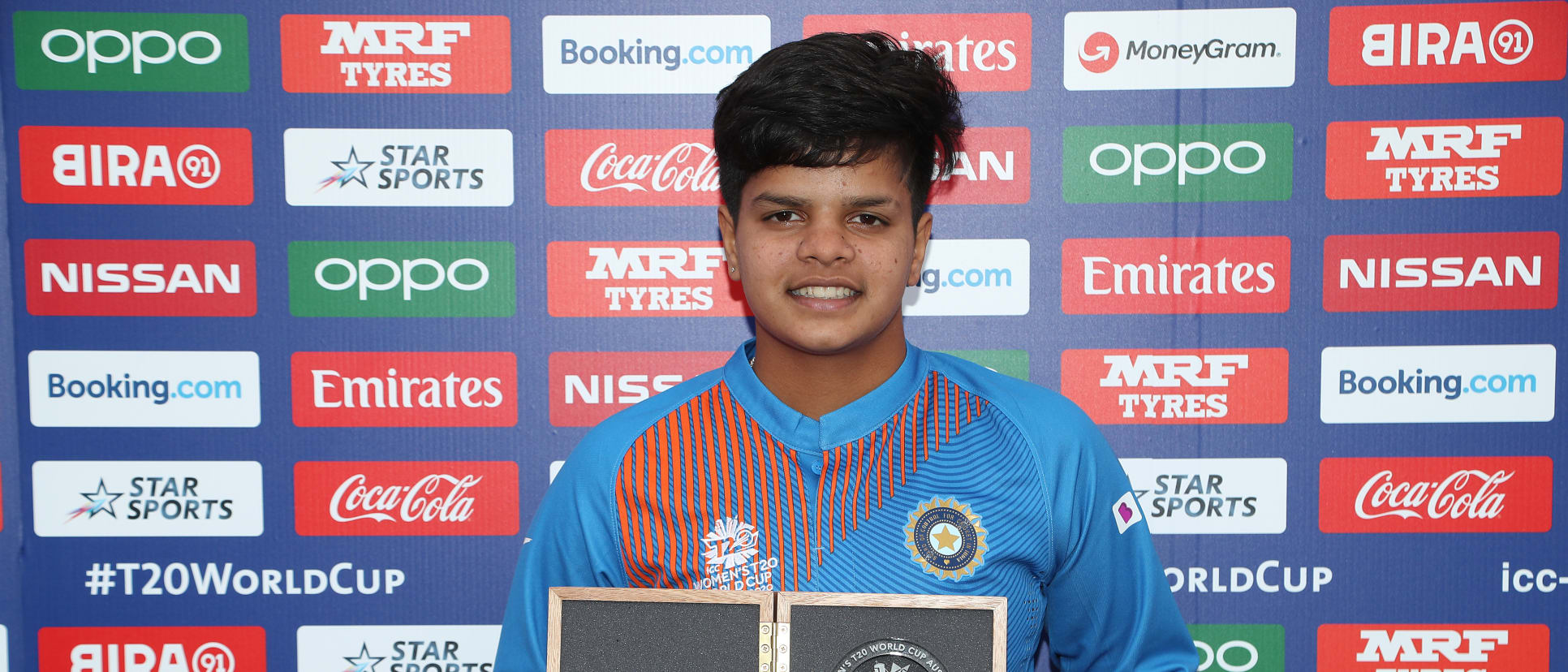 Player of the Match Shafali Verma of India poses with her award following the ICC Women's T20 Cricket World Cup match between India and New Zealand at Junction Oval on February 27, 2020 in Melbourne, Australia.