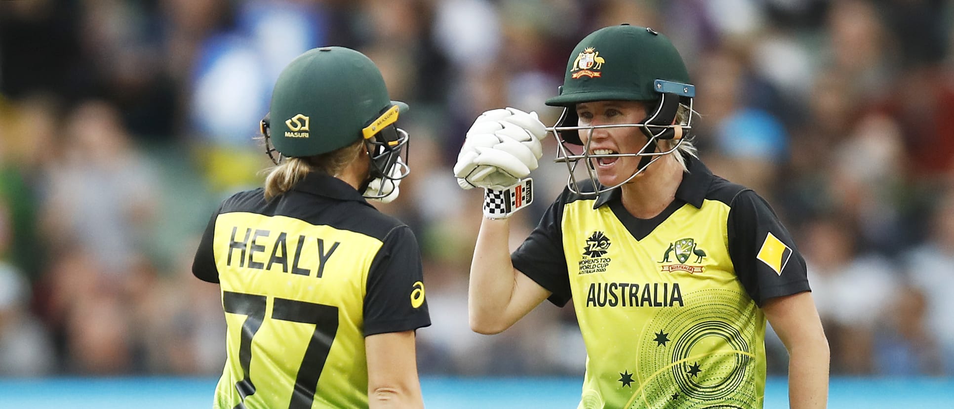 Beth Mooney and Alyssa Healy of Australia speak during the ICC Women's T20 Cricket World Cup Final match between India and Australia at the Melbourne Cricket Ground on March 08, 2020 in Melbourne, Australia.