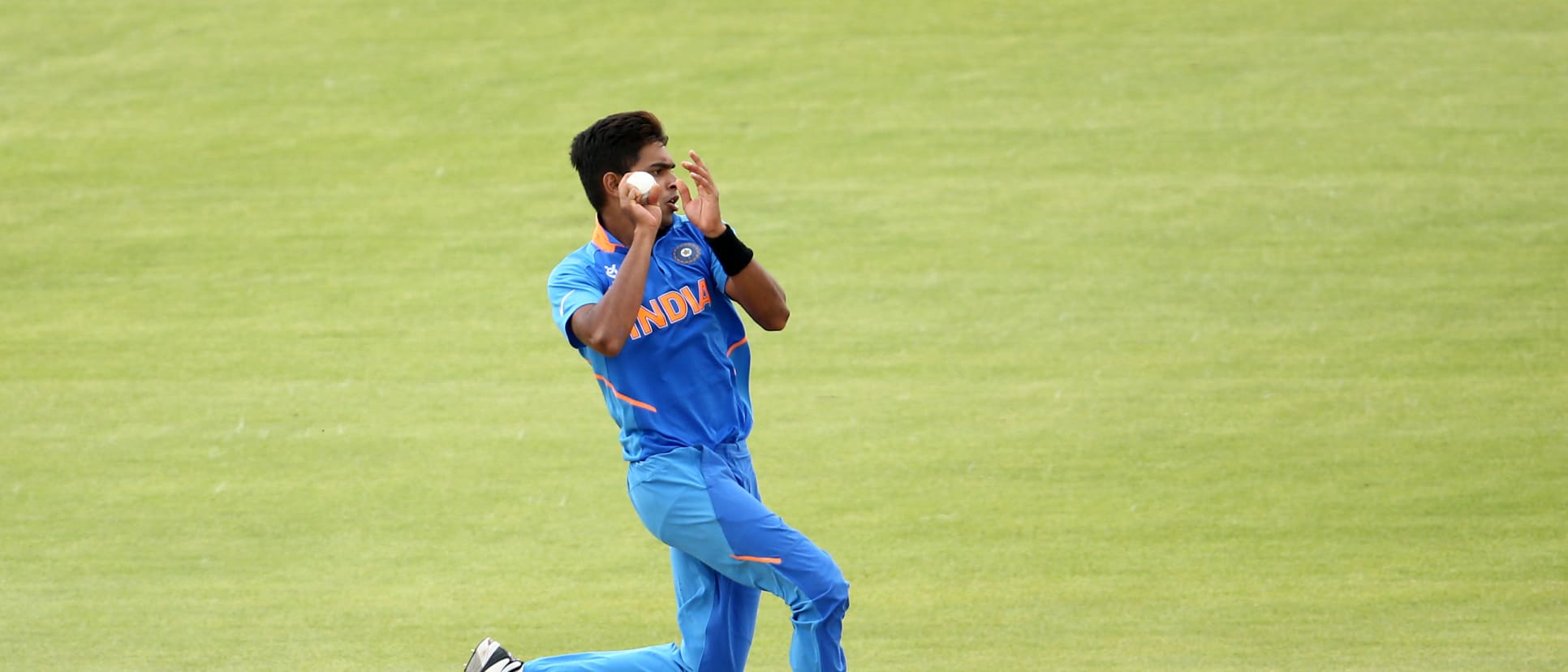 Kartik Tyagi of India bowls during the ICC U19 Cricket World Cup Group A match between India and Japan at Mangaung Oval on January 21, 2020 in Bloemfontein, South Africa.