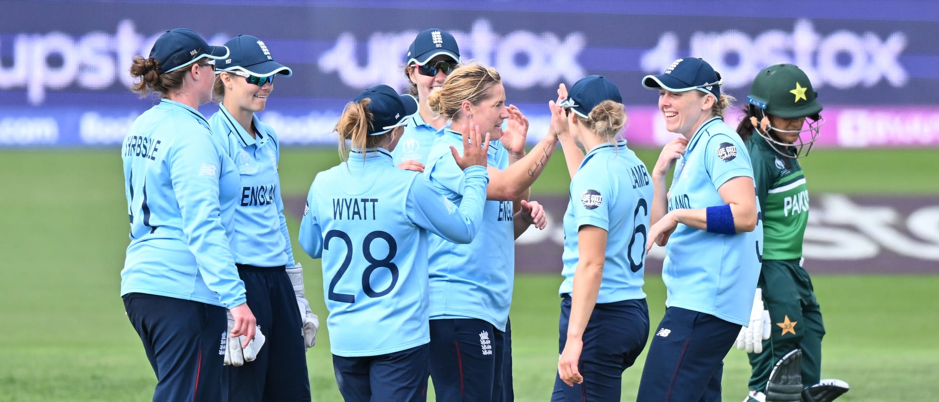 Katherine Brunt of England celebrates with team mates the wicket of Sidra Amin of Pakistan during the 2022 ICC Women's Cricket World Cup match between England and Pakistan at Hagley Oval on March 24, 2022 in Christchurch, New Zealand.