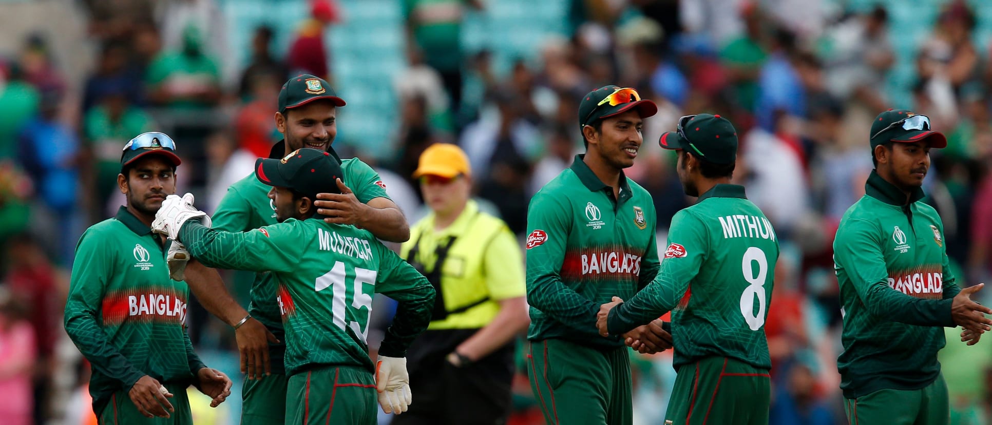 Bangladesh's players celebrate after victory over South Africa by 21 runs after the 2019 Cricket World Cup group stage match between South Africa and Bangladesh at The Oval in London on June 2, 2019.