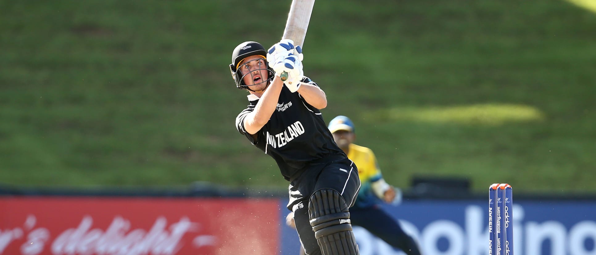 Kristian Clarke of New Zealand hits the winning runs during the ICC U19 Cricket World Cup Group A match between New Zealand and Sri Lanka at Mangaung Oval on January 22, 2020 in Bloemfontein, South Africa.