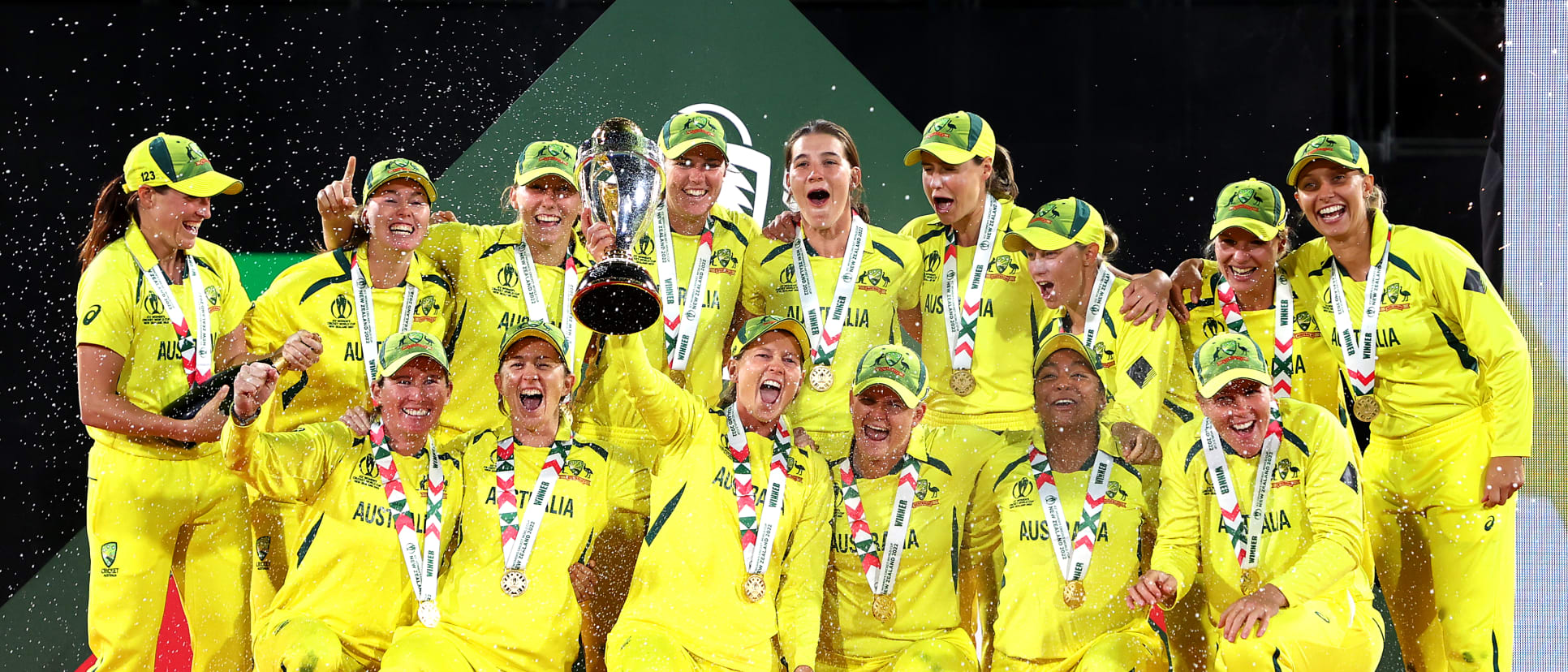 Australia celebrate with the trophy after winning the 2022 ICC Women's Cricket World Cup Final match between Australia and England at Hagley Oval on April 03, 2022 in Christchurch, New Zealand.