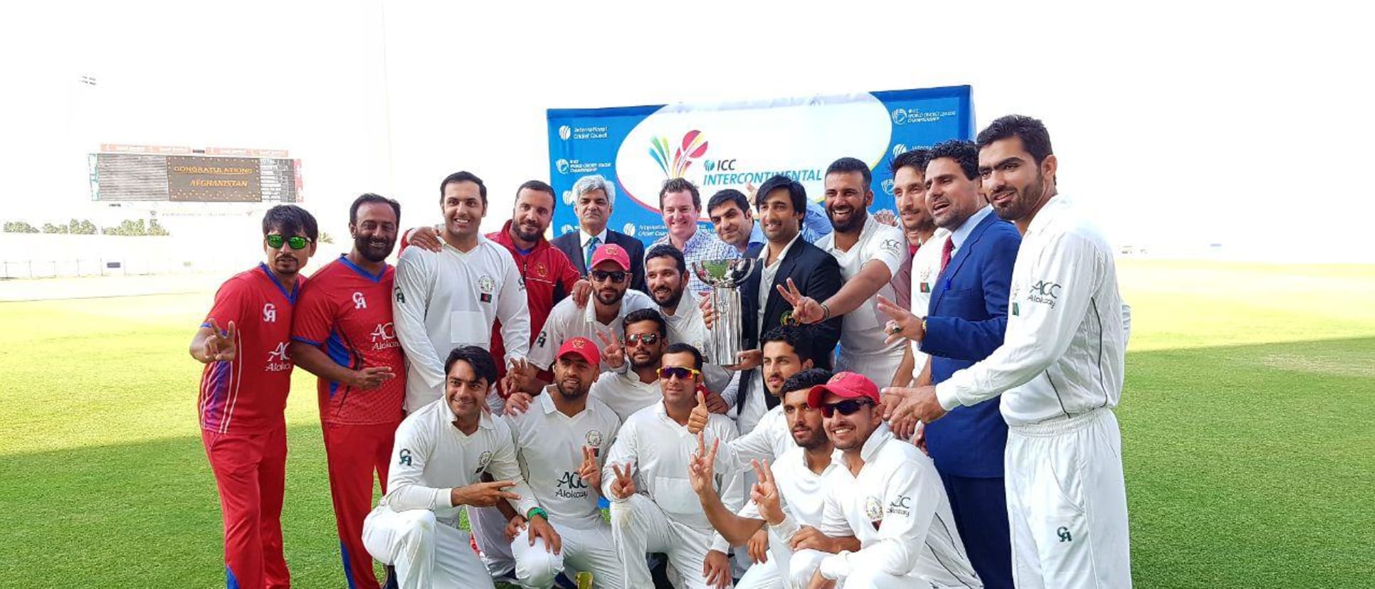 Afghanistan celebrate after winning the ICC Intercontinental Cup.