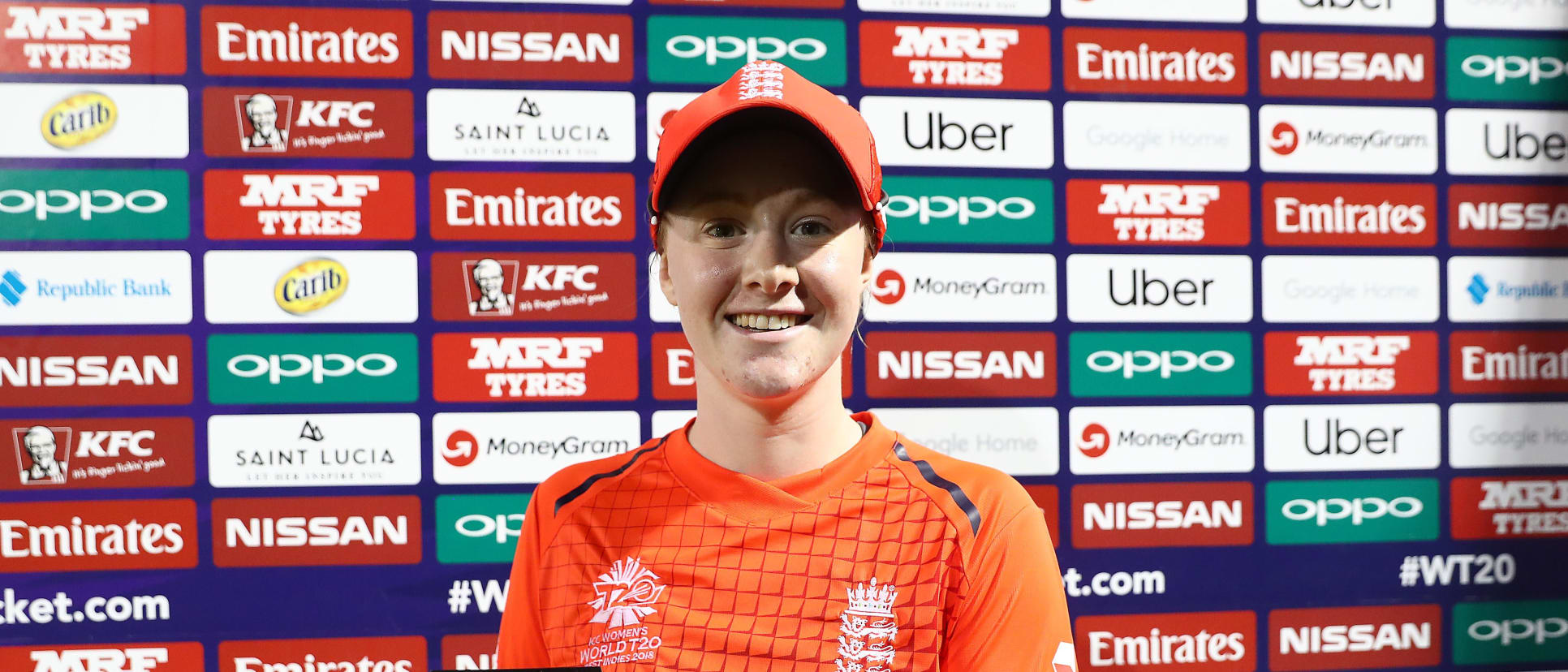 Kirstie Gordon of England pictured after winning the 'Player of the Match' award after the ICC Women's World T20 2018 match between England and Bangladesh at Darren Sammy Cricket Ground on November 12, 2018 in Gros Islet, Saint Lucia.