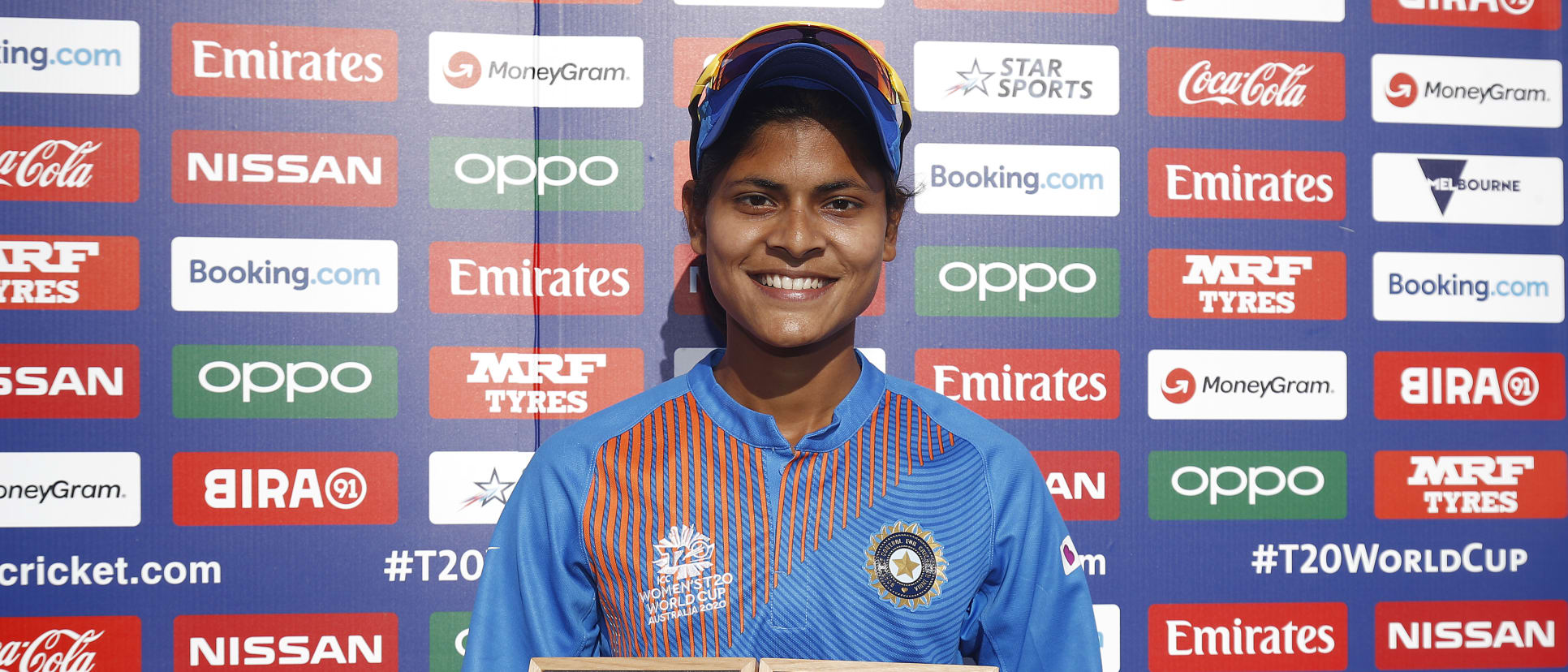 Radha Yadav of India is awarded player of the match during the ICC Women's T20 Cricket World Cup match between India and Sri Lanka at Junction Oval on February 29, 2020 in Melbourne, Australia.