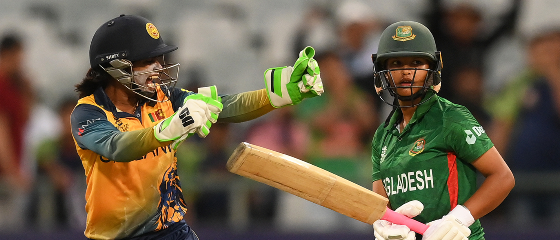 Anushka Sanjeewani of Sri Lanka celebrates the wicket of Sobhana Mostary of Bangladesh during the ICC Women's T20 World Cup group A match between Bangladesh and Sri Lanka at Newlands Stadium on February 12, 2023 in Cape Town, South Africa.