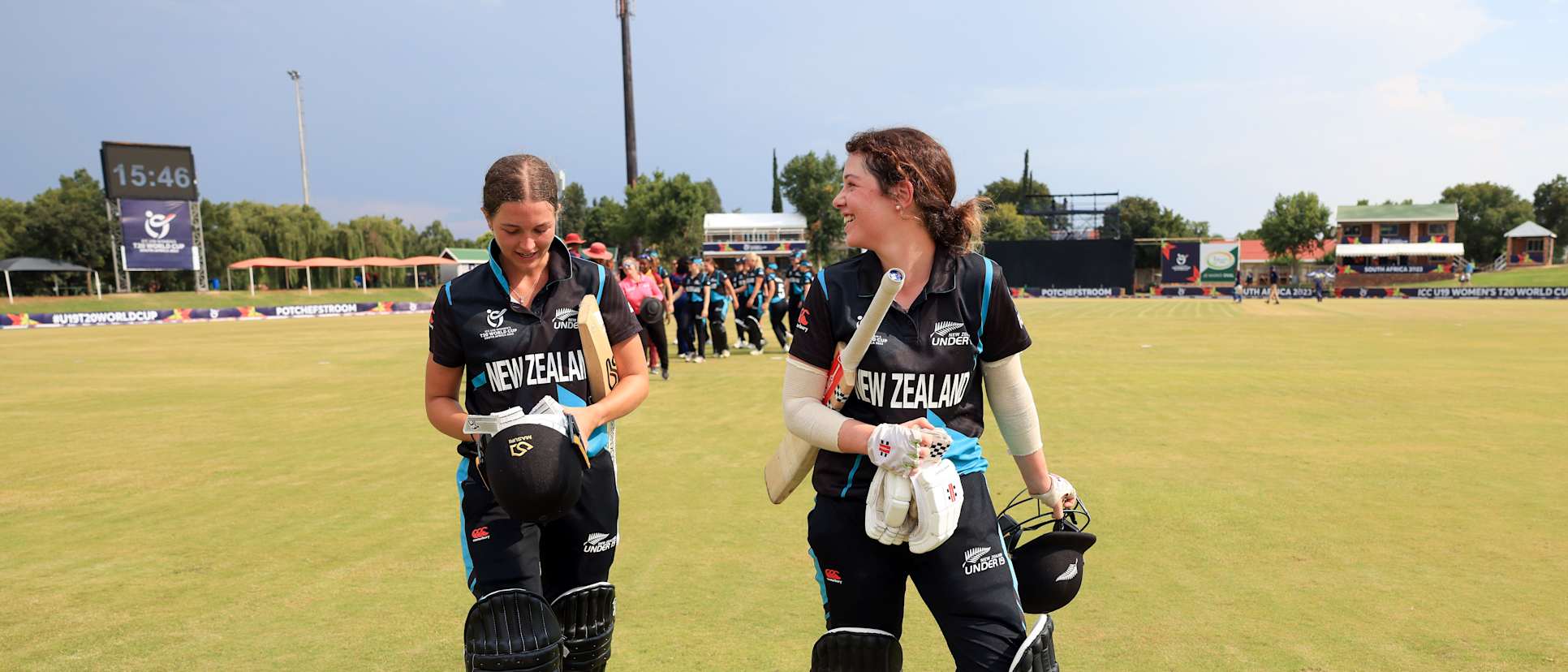 Anna Browning of New Zealand and Georgia Plimmer of New Zealand celebrate following the ICC Women's U19 T20 World Cup 2023 match between New Zealand and West Indies at JB Marks Oval on January 19, 2023 in Potchefstroom, South Africa.