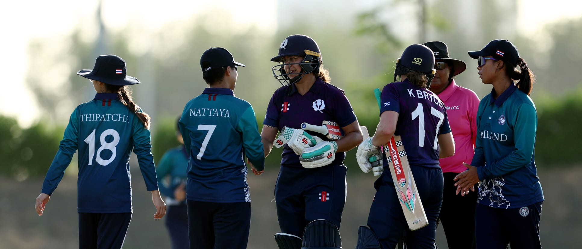 Players of Thailand shakes hands with players of Scotland after the ICC Women's T20 World Cup Qualifier 2024 match between Thailand and Scotland at Tolerance Oval on May 03, 2024 in Abu Dhabi, United Arab Emirates.