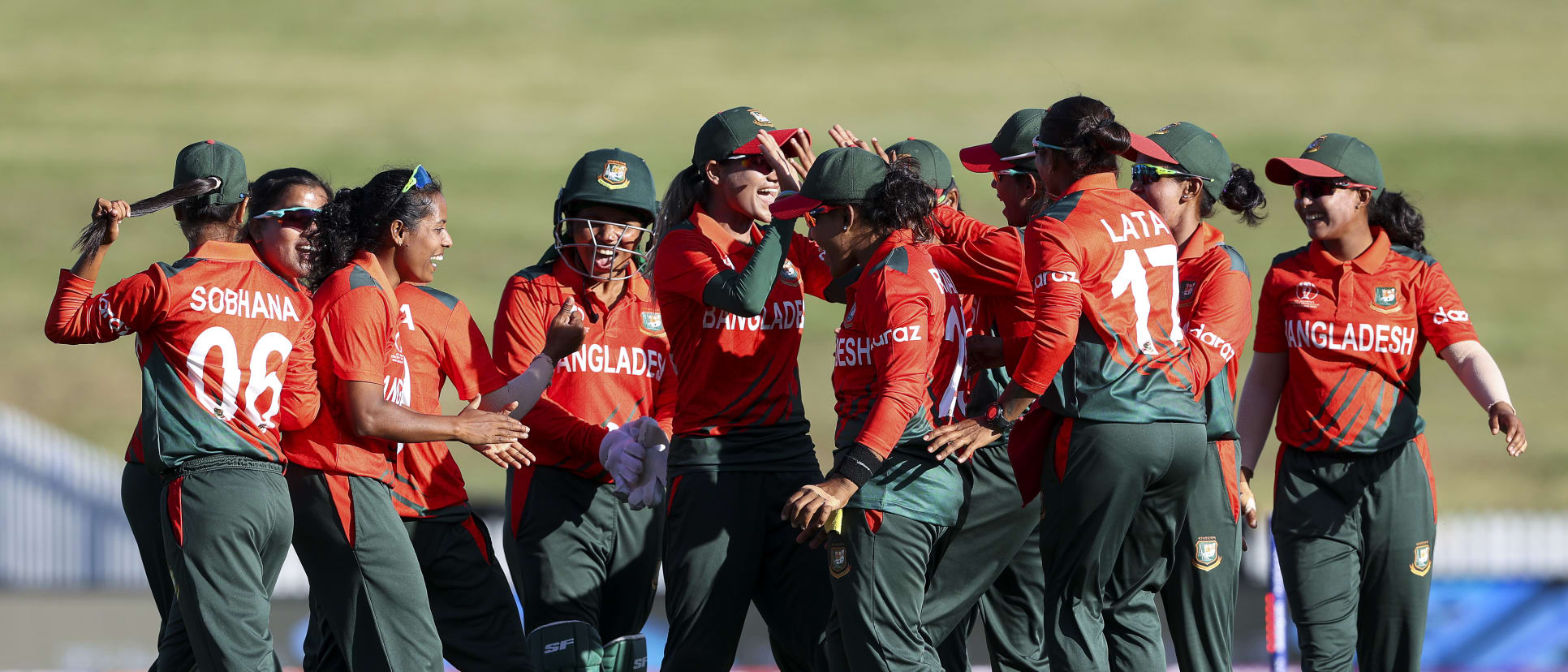 Bangladesh celebrate the win during the 2022 ICC Women's Cricket World Cup match between Pakistan and Bangladesh at Seddon Park on March 14, 2022 in Hamilton, New Zealand.