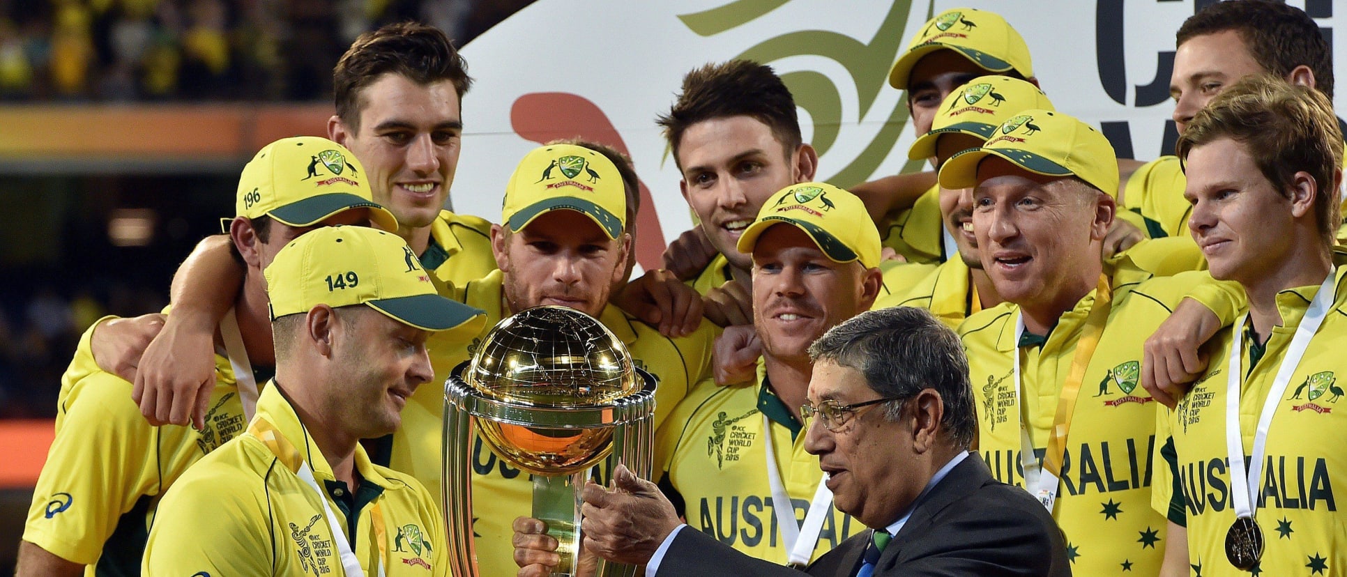 Australia lifting the ICC Cricket World Cup trophy in 2015.