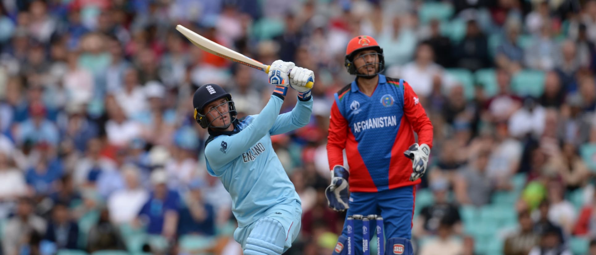 Jason Roy of England hits a six against Afghanistan during the ICC Men's Cricket World Cup 2019 warm-up match in London