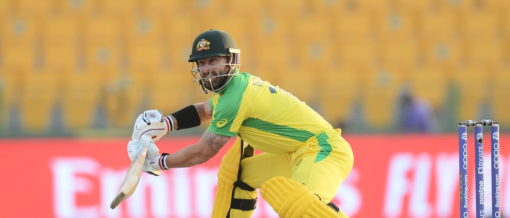 Matthew Wade of australia playing a shot during the 2021 ICC T20 World Cup match between Australia and South Africa at Sheikh Zayed Stadium on October 23, 2021 in Abu Dhabi, United Arab Emirates.