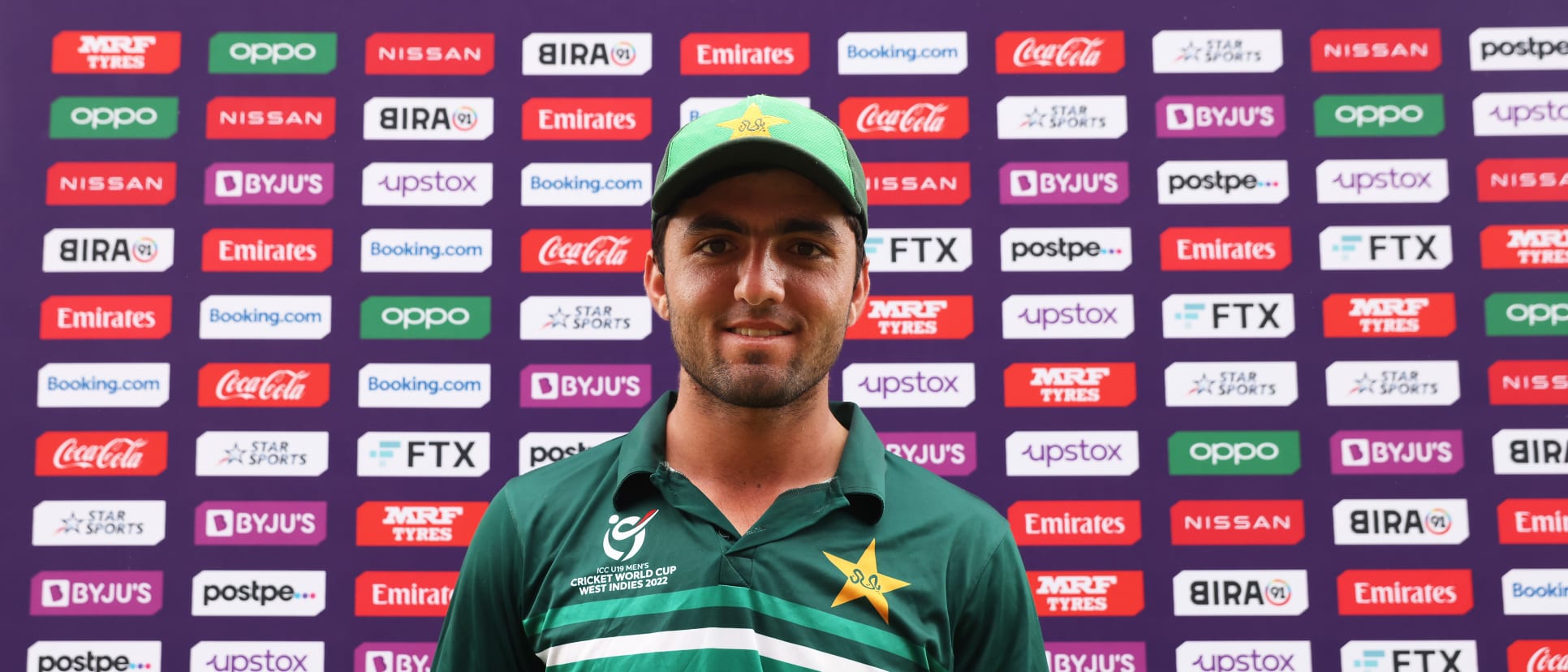 Haseebullah Khan of Pakistan poses after being named Player of the Match following the ICC U19 Men's Cricket World Cup match between Pakistan and Zimbabwe at Diego Martin Sporting Complex on January 17, 2022 in Diego Martin, Trinidad And Tobago.