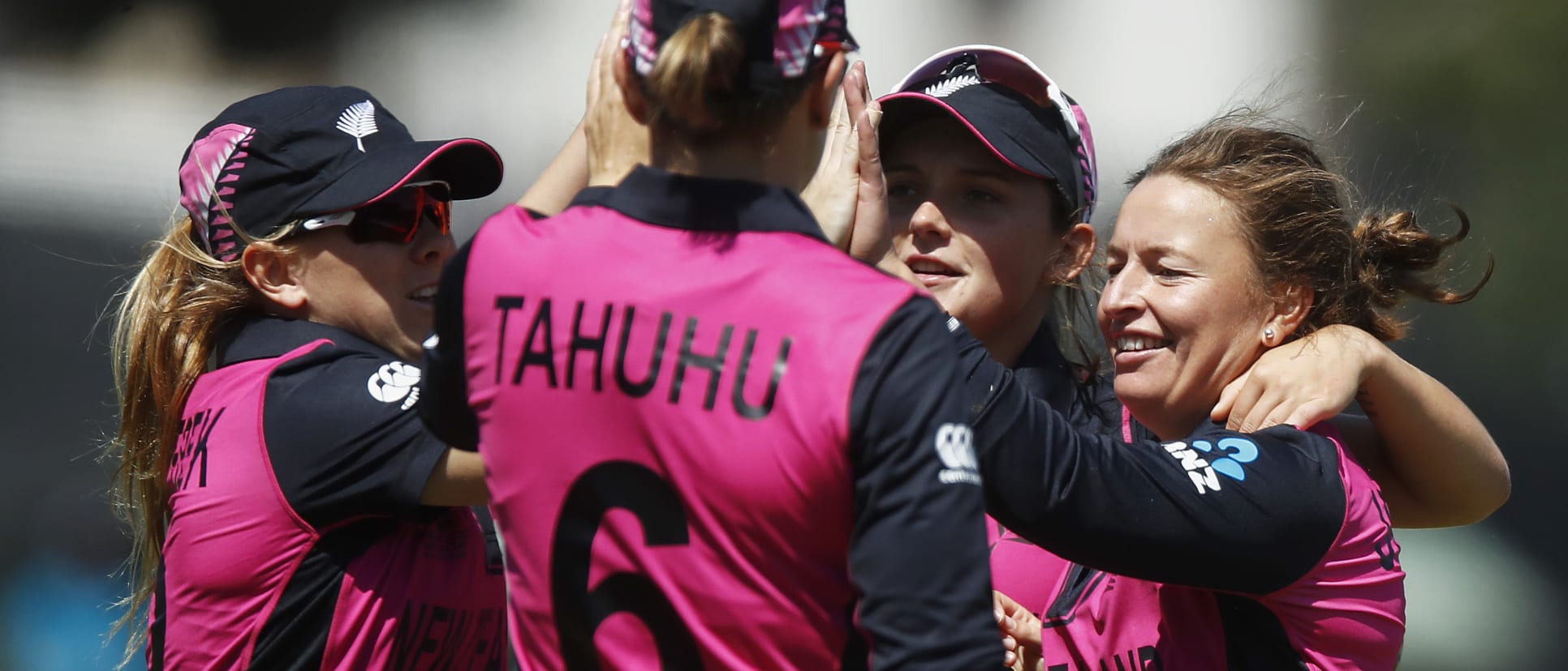 New Zealand celebrate the wicket of Ayasha Rahman of Bangladesh during the ICC Women's T20 Cricket World Cup match between New Zealand and Bangladesh at Junction Oval on February 29, 2020 in Melbourne, Australia.