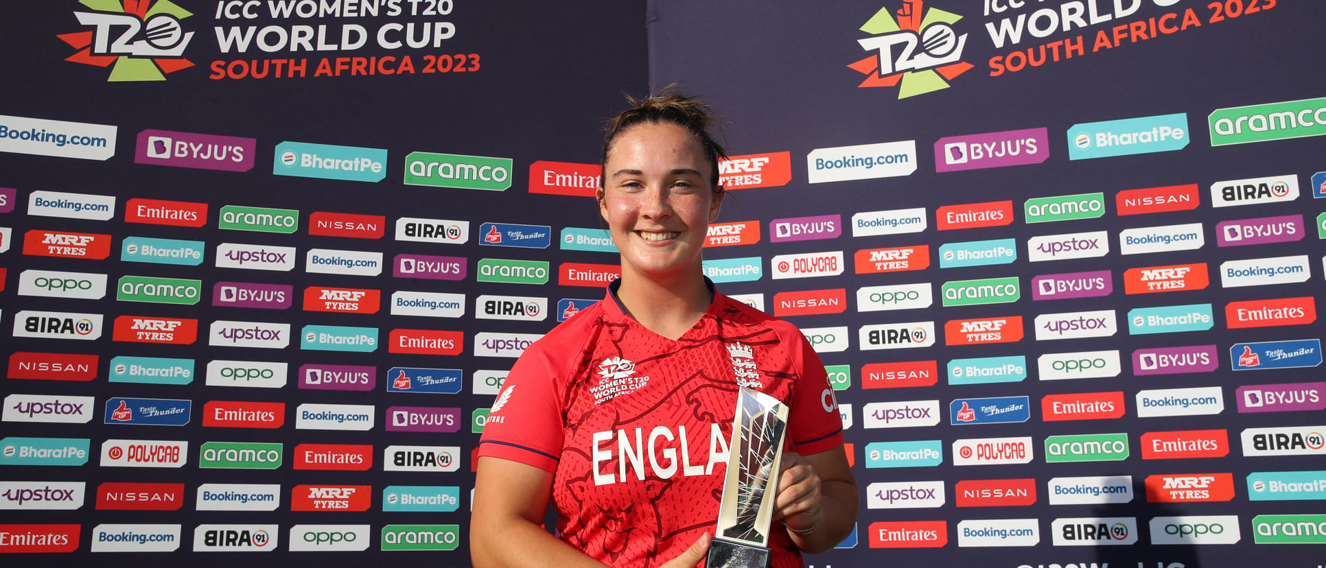 Alice Capsey of England poses after being named Player of the Match following  the ICC Women's T20 World Cup group B match between Ireland and England at Boland Park on February 13, 2023 in Paarl, South Africa.