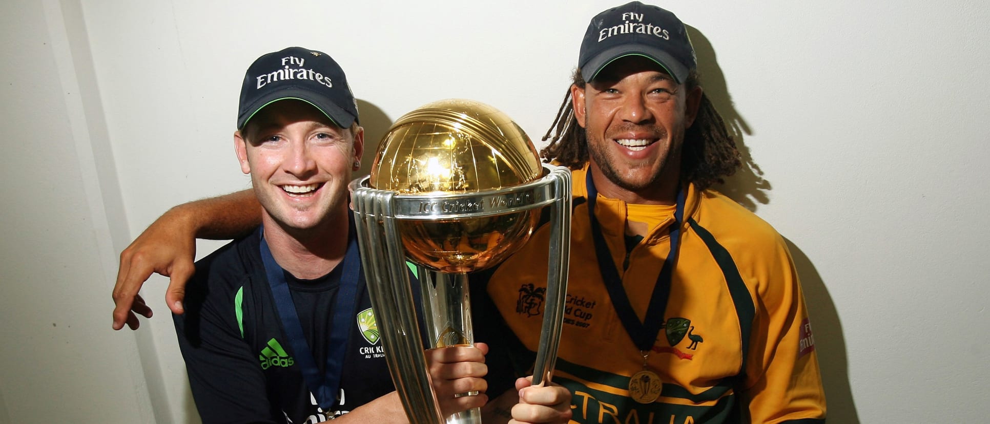 Andrew Symonds and Michael Clarke celebrate the 2007 World Cup triumph