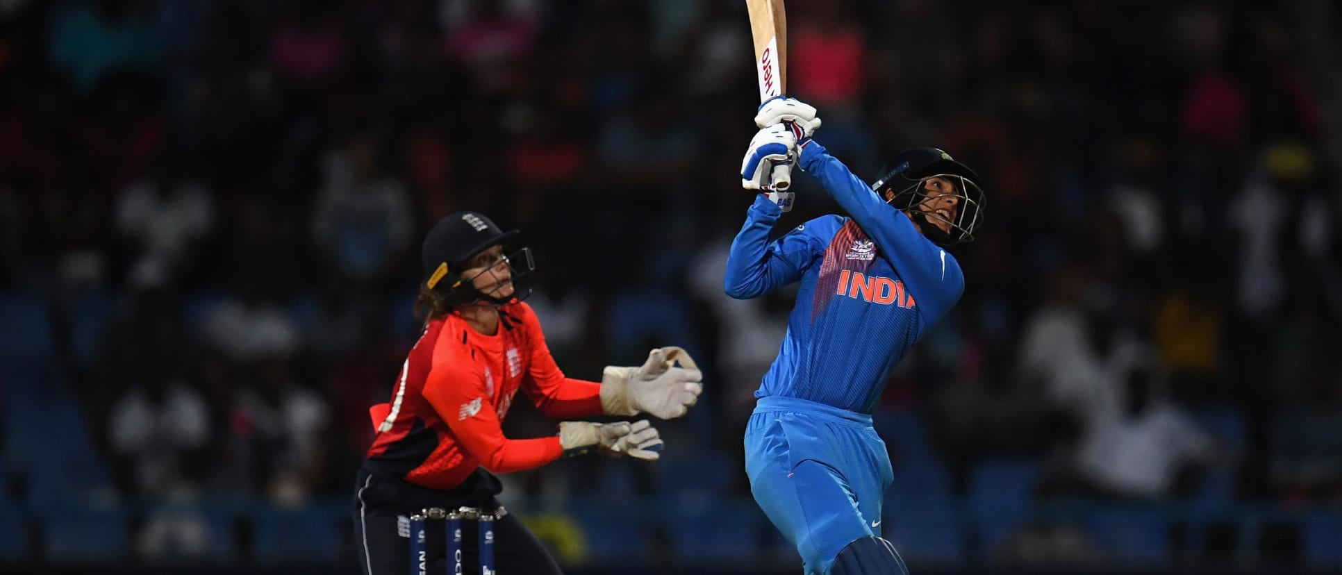 Smriti Mandhana of India bats during the ICC Women's World T20 2018 Semi-Final match between England and India at Sir Viv Richards Cricket Ground on November 22, 2018 in Antigua, Antigua and Barbuda.