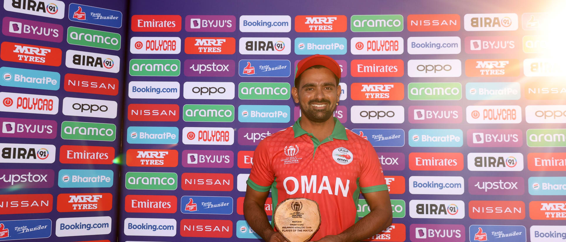 Shoaib Khan of Oman poses after being named Player of the Match following the ICC Men's Cricket WorldCup Qualifier Zimbabwe 2023 match between Oman and United Arab Emirates at Bulawayo Athletic Club on June 21, 2023 in Bulawayo, Zimbabwe.