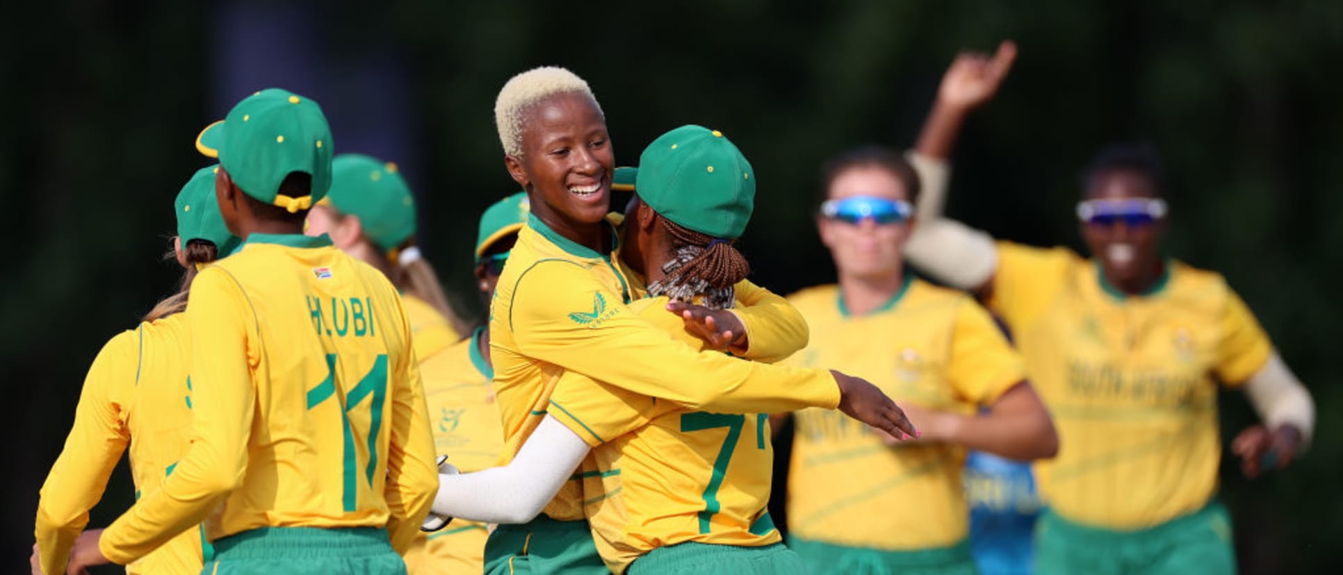 Players of South Africa celebrate the wicket of Vidushika Perera of Sri Lanka during the ICC Women's U19 T20 World Cup 2023 Super 6 match between South Africa and Sri Lanka at North-West University Oval on January 24, 2023 in Potchefstroom, South Africa.