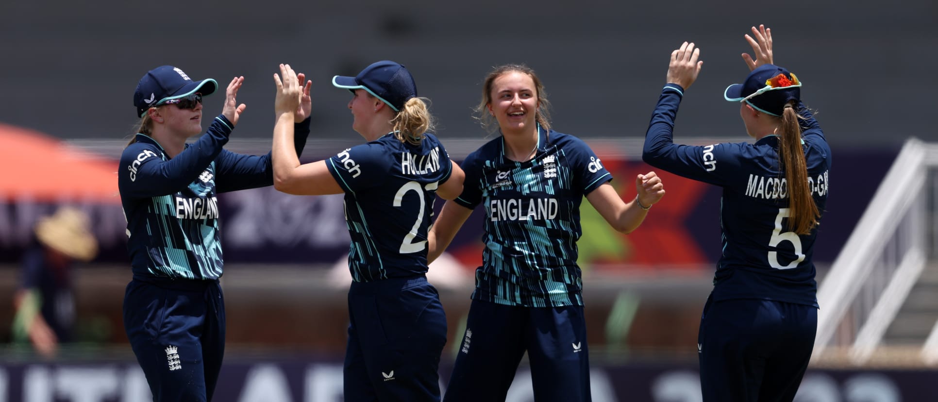 Hannah Baker of England celebrates the wicket of Aimee Maguire of Ireland during the ICC Women's U19 T20 World Cup 2023 Super 6 match between Ireland and England at JB Marks Oval on January 21, 2023 in Potchefstroom, South Africa.