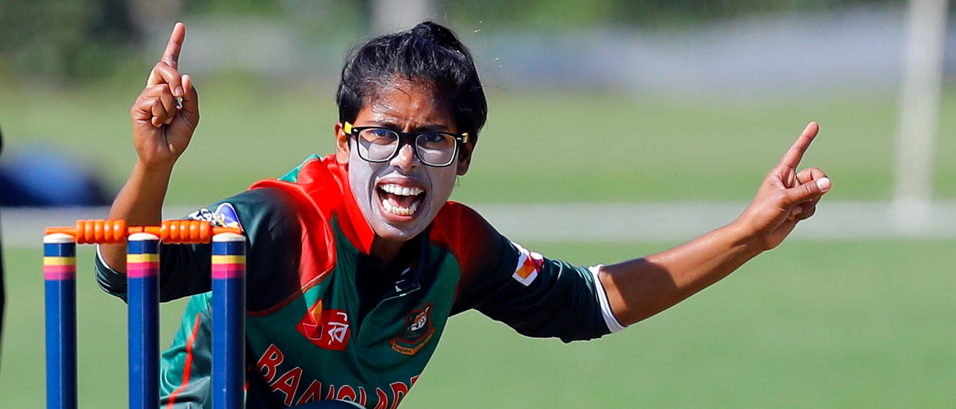 Match 7: Bangladesh Bowler Fahima Khatun appeals for a LBW, Netherlands Women v Bangladesh Women, Group B, ICC Women's World Twenty20 Qualifier at Utrecht, 8th July 2018.